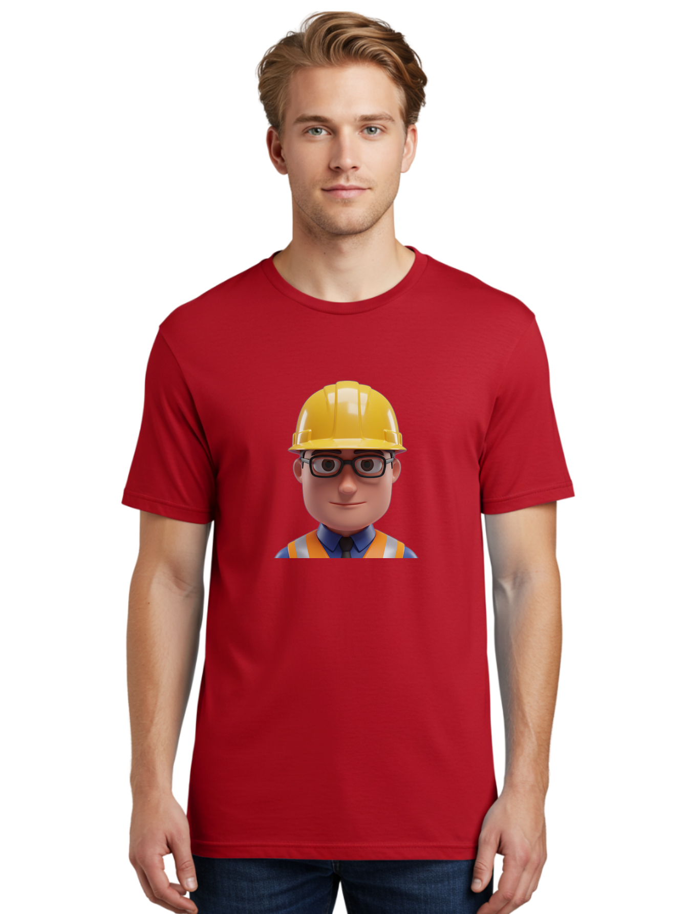 Construction-Worker-3 Men'S Graphic Tee, 100% Cotton, Comfortable Casual Summer Wear, Machine Washable, Construction Worker, Hard Hat, Safety Glasses, Reflective Vest, Blue Shirt, Black Tie, Cartoon Character, 3D Illustration, Bac894