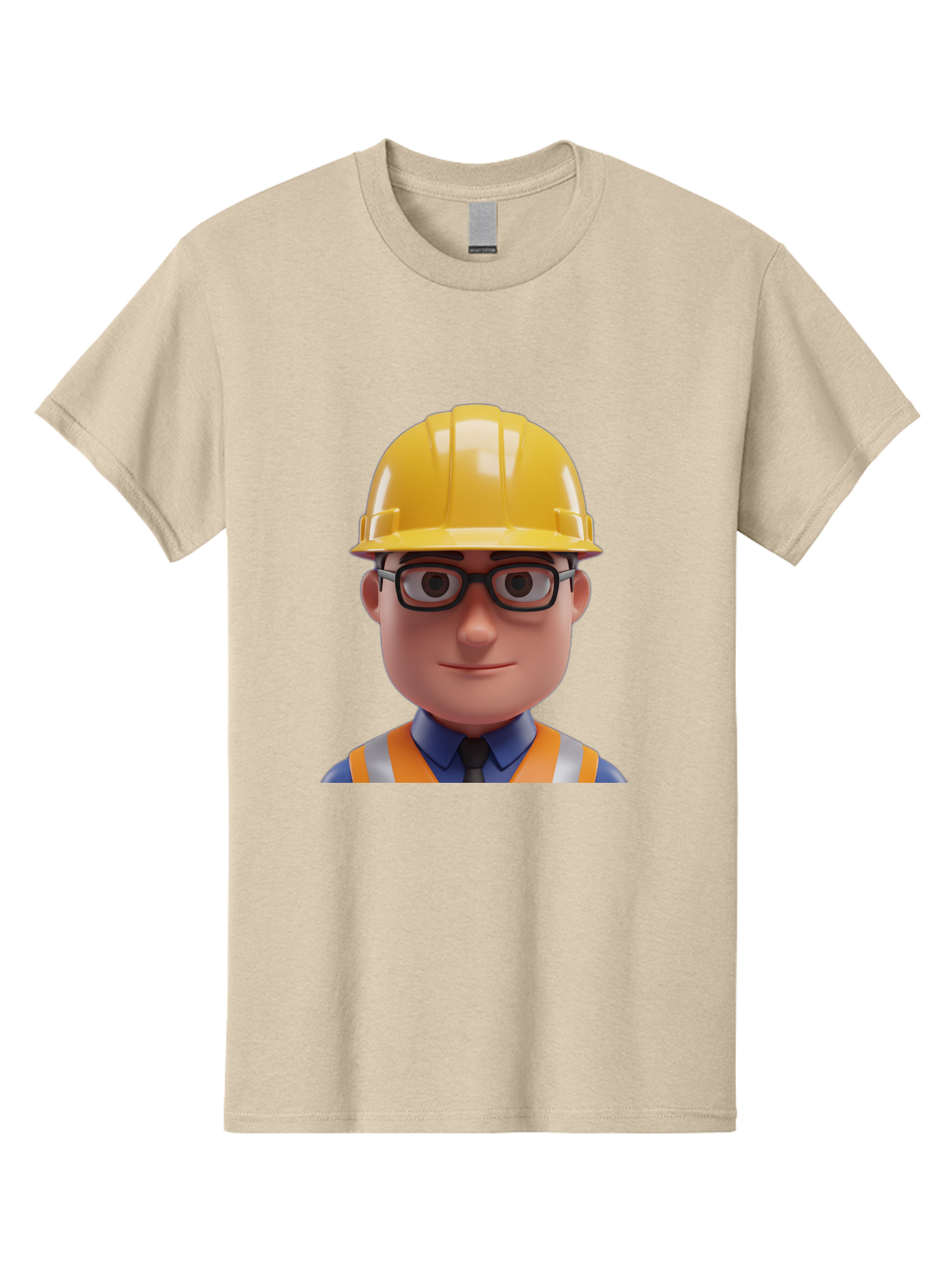 Construction-Worker-3 Men'S Graphic Tee, 100% Cotton, Comfortable Casual Summer Wear, Machine Washable, Construction Worker, Hard Hat, Safety Glasses, Reflective Vest, Blue Shirt, Black Tie, Cartoon Character, 3D Illustration, Bac894