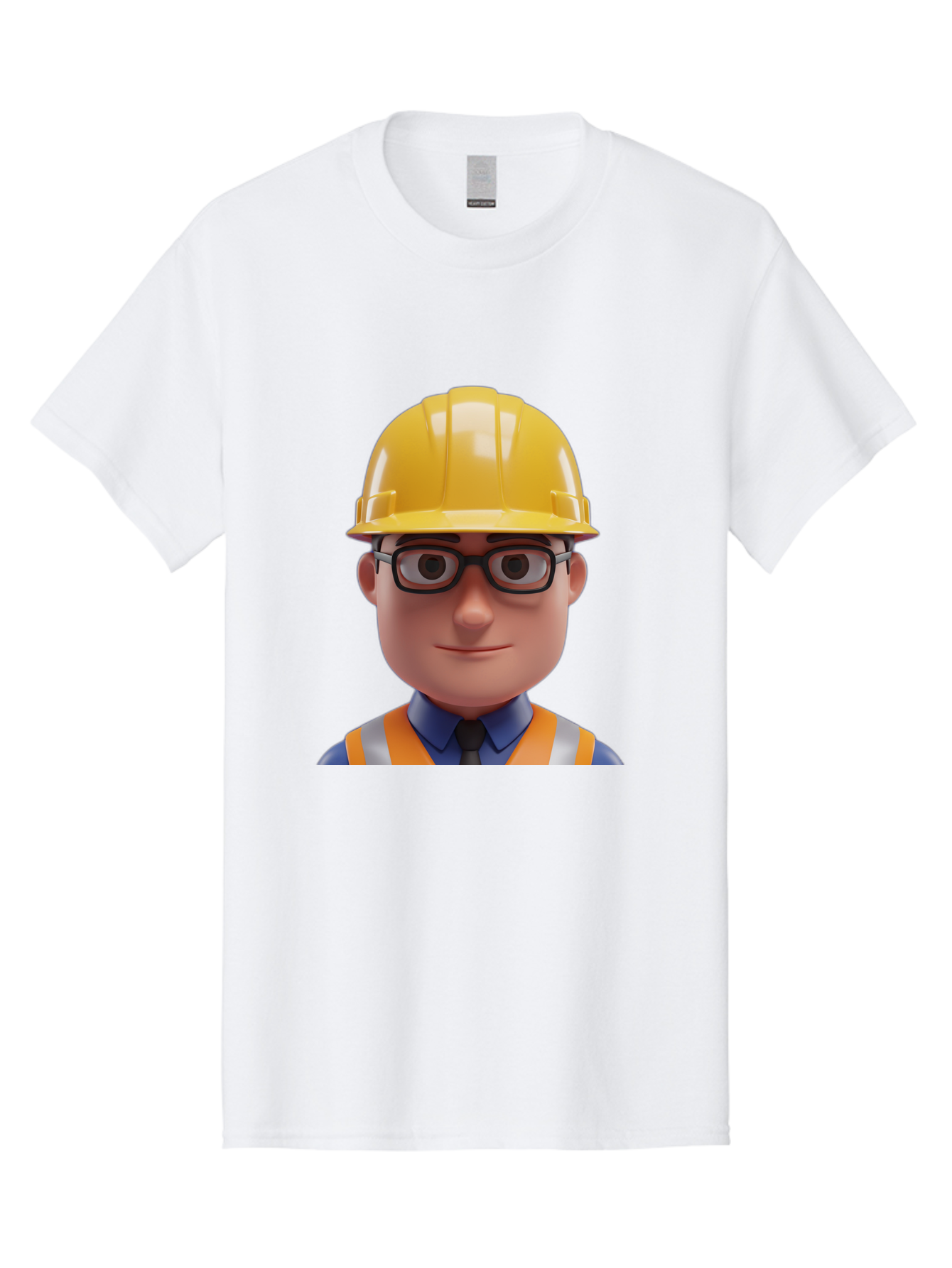 Construction-Worker-3 Men'S Graphic Tee, 100% Cotton, Comfortable Casual Summer Wear, Machine Washable, Construction Worker, Hard Hat, Safety Glasses, Reflective Vest, Blue Shirt, Black Tie, Cartoon Character, 3D Illustration, Bac894