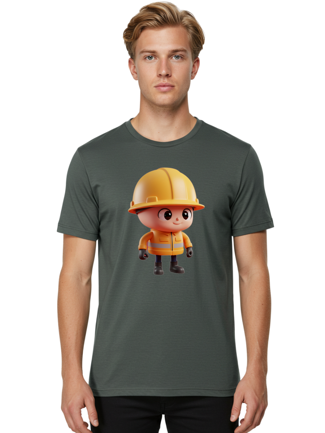 Construction-Worker Men'S Graphic Tee, 100% Cotton, Comfortable Casual Summer Wear, Machine Washable, 3D Cartoon Construction Worker, Yellow Hard Hat, Reflective Safety Jacket, Black Gloves, Cartoon Character, Construction Site, Safety Gear, Bac895