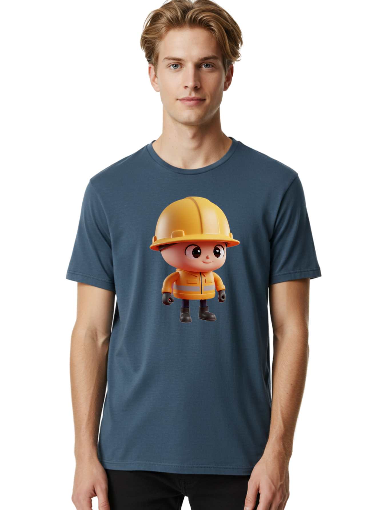 Construction-Worker Men'S Graphic Tee, 100% Cotton, Comfortable Casual Summer Wear, Machine Washable, 3D Cartoon Construction Worker, Yellow Hard Hat, Reflective Safety Jacket, Black Gloves, Cartoon Character, Construction Site, Safety Gear, Bac895