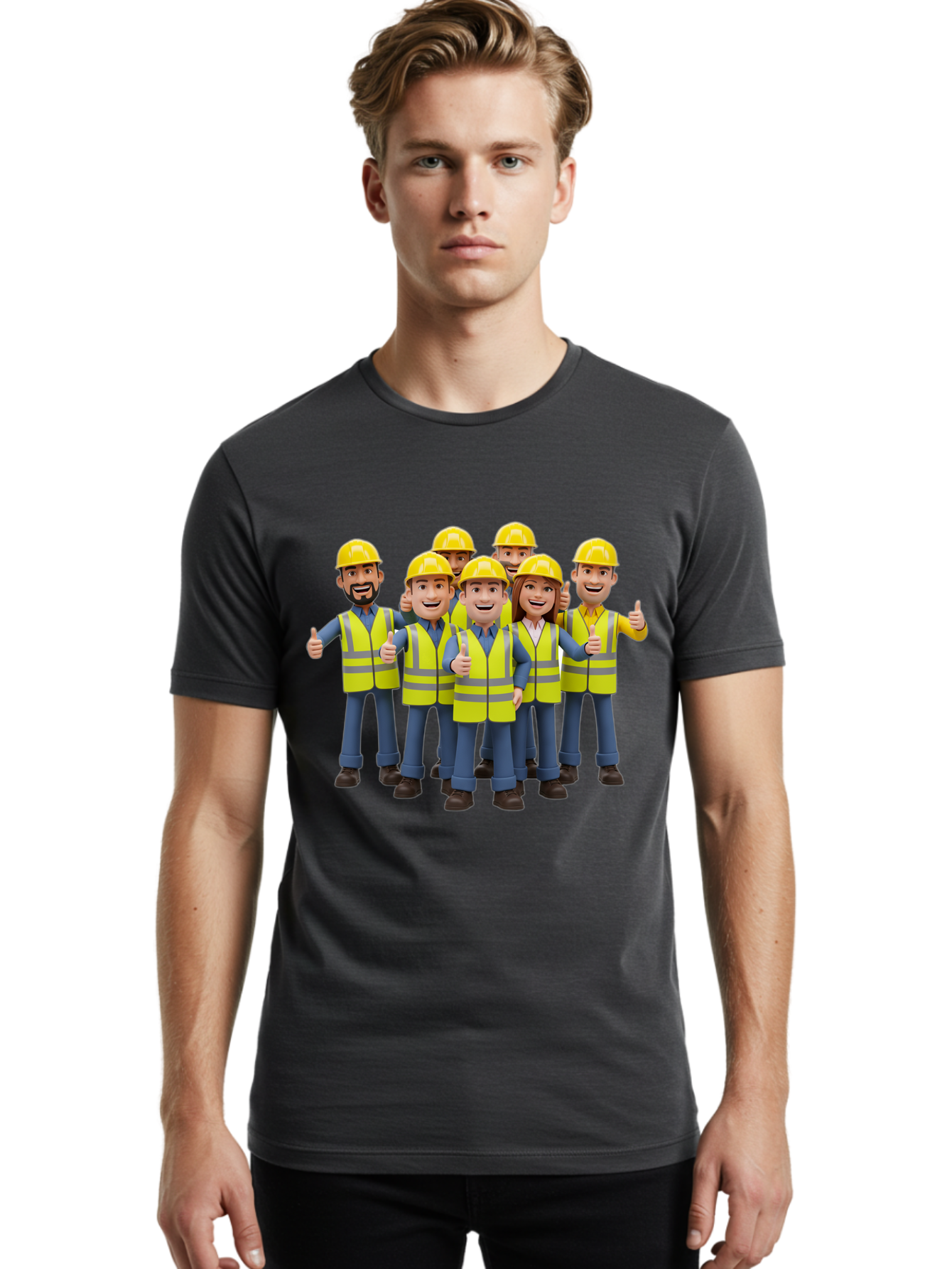 Construction-Workers Men'S Graphic Tee, 100% Cotton, Comfortable Casual Summer Wear, Machine Washable, Construction Workers, Team Collaboration, Safety Gear, Yellow Hard Hats, Reflective Vests, Thumbs Up, Unity, Workplace Harmony, Bac896