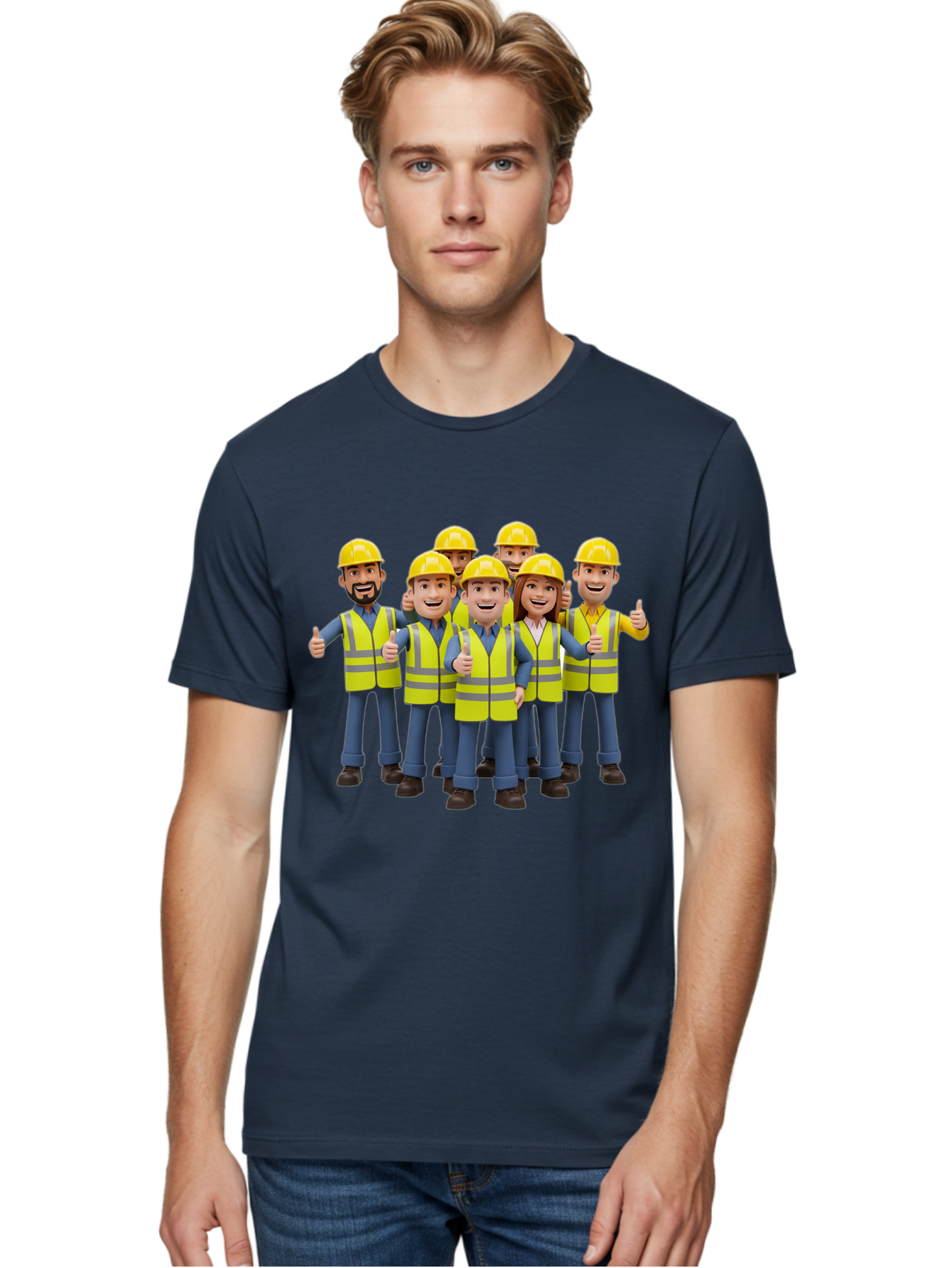 Construction-Workers Men'S Graphic Tee, 100% Cotton, Comfortable Casual Summer Wear, Machine Washable, Construction Workers, Team Collaboration, Safety Gear, Yellow Hard Hats, Reflective Vests, Thumbs Up, Unity, Workplace Harmony, Bac896