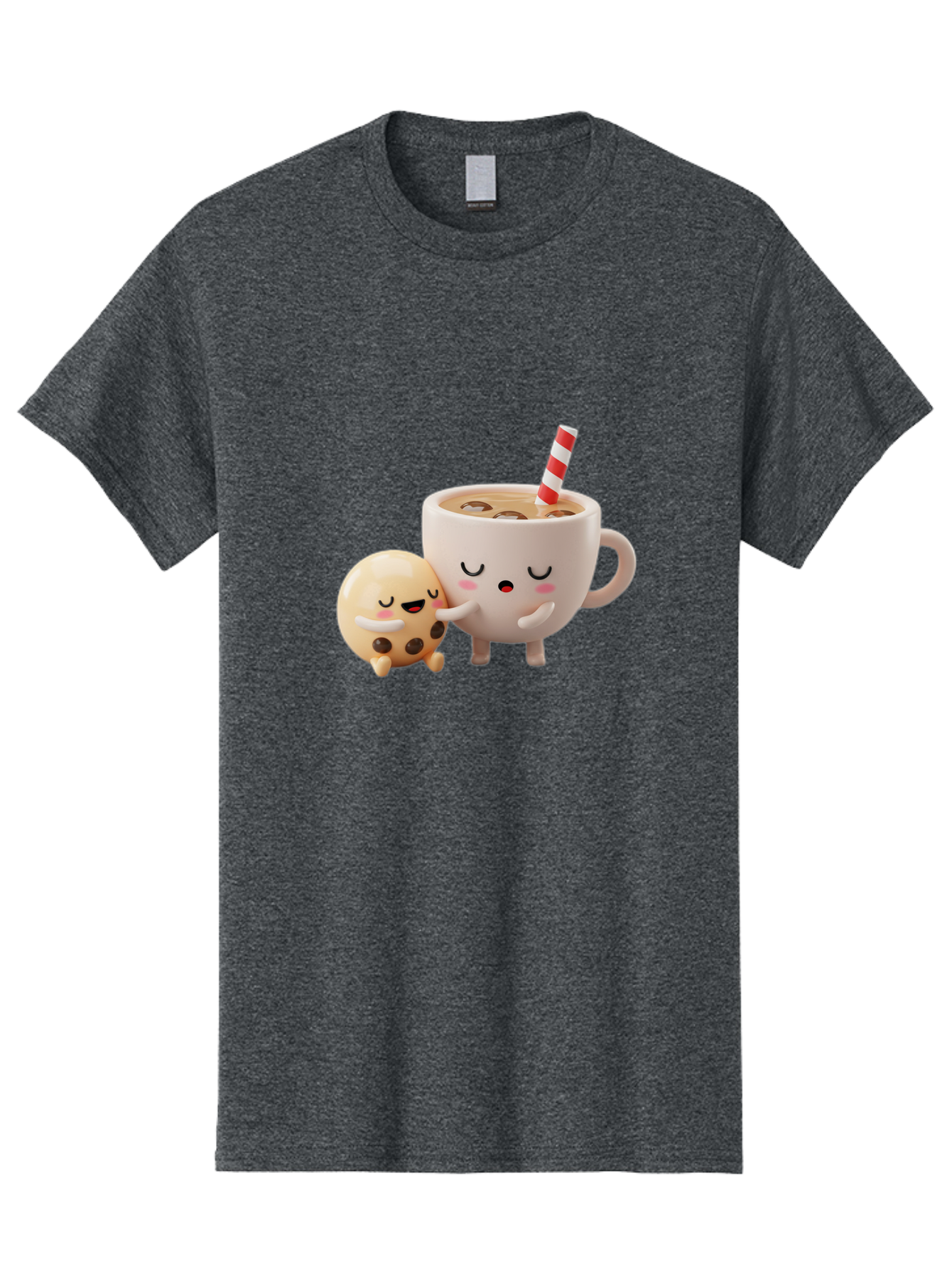 Cookie-And-Coffee-Cup Men'S Graphic Tee, 100% Cotton, Comfortable Casual Summer Wear, Machine Washable, Cute Cartoon Characters, Chip Cookie, Milkshake With Straw, Chocolate Chips, Adorable, Kawaii, Cartoon, Funny, Characters Hugging, Happy, Bac897