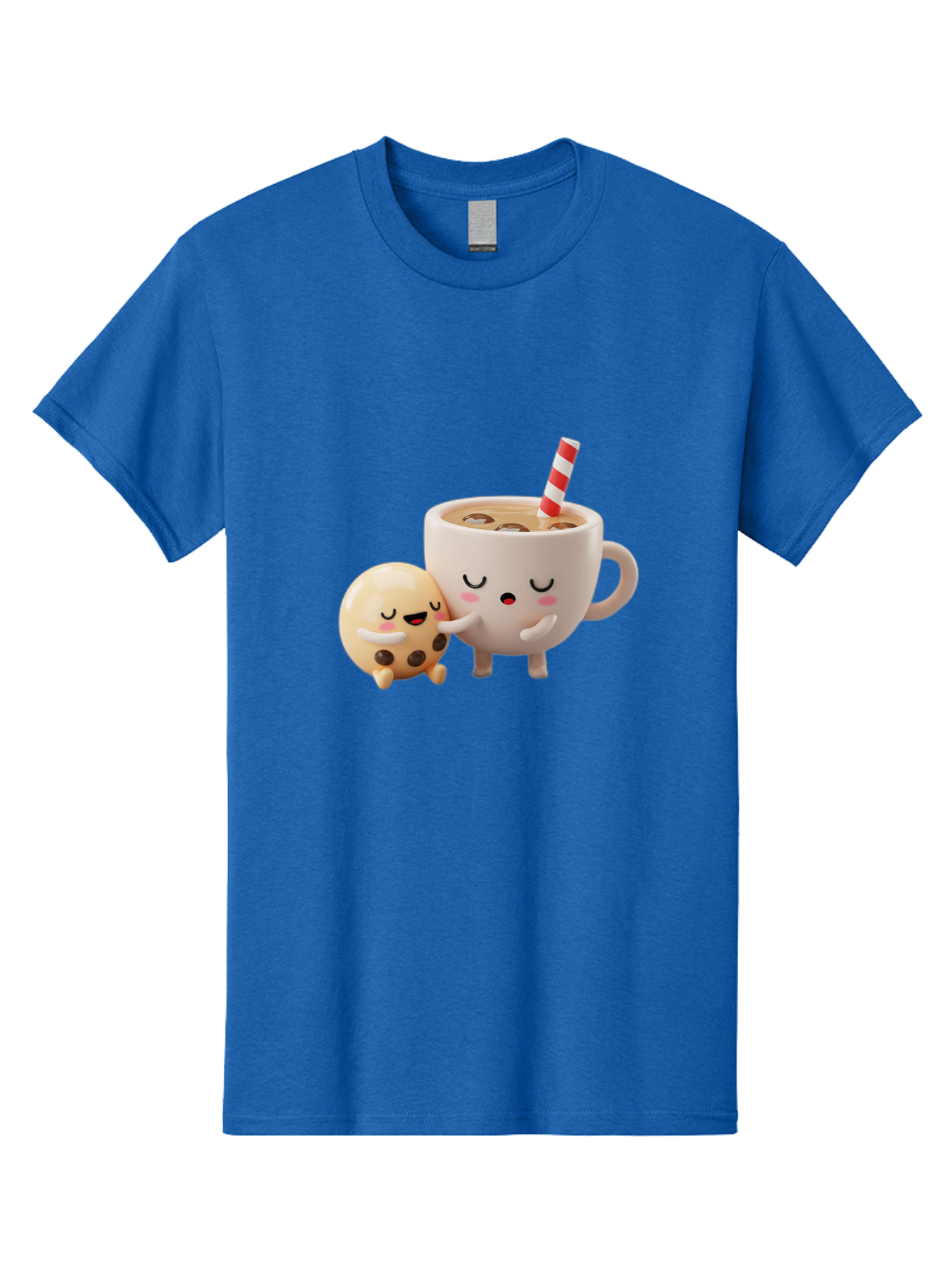 Cookie-And-Coffee-Cup Men'S Graphic Tee, 100% Cotton, Comfortable Casual Summer Wear, Machine Washable, Cute Cartoon Characters, Chip Cookie, Milkshake With Straw, Chocolate Chips, Adorable, Kawaii, Cartoon, Funny, Characters Hugging, Happy, Bac897