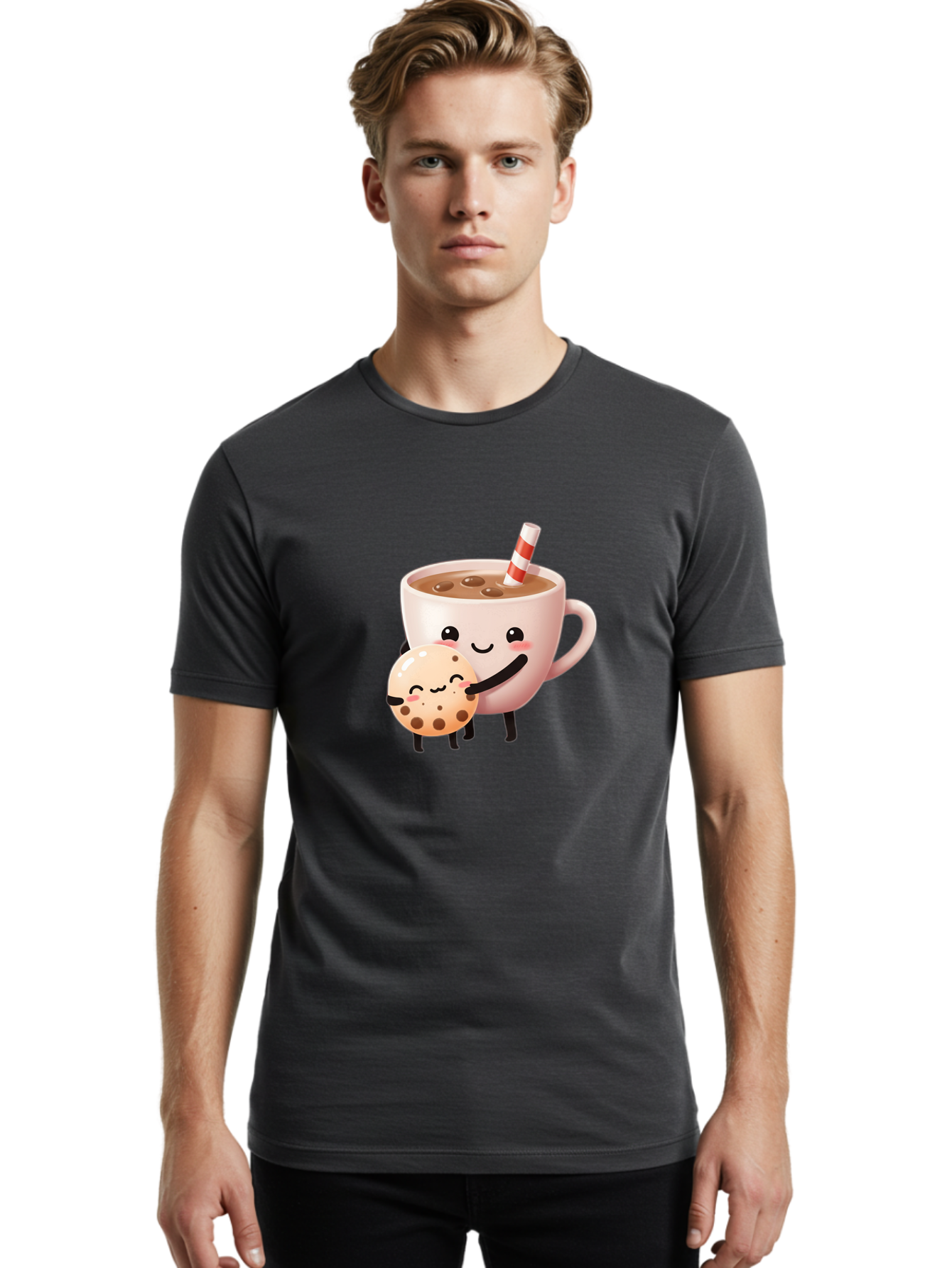 Cookie-And-Milk Men'S Graphic Tee, 100% Cotton, Comfortable Casual Summer Wear, Machine Washable, Cartoon Cup Of Milk, Chocolate Chip Cookie, Smiling Faces, Happy Snack, Sweet Treats, Dessert Time, Kid Friendly, Funny Characters Bac898