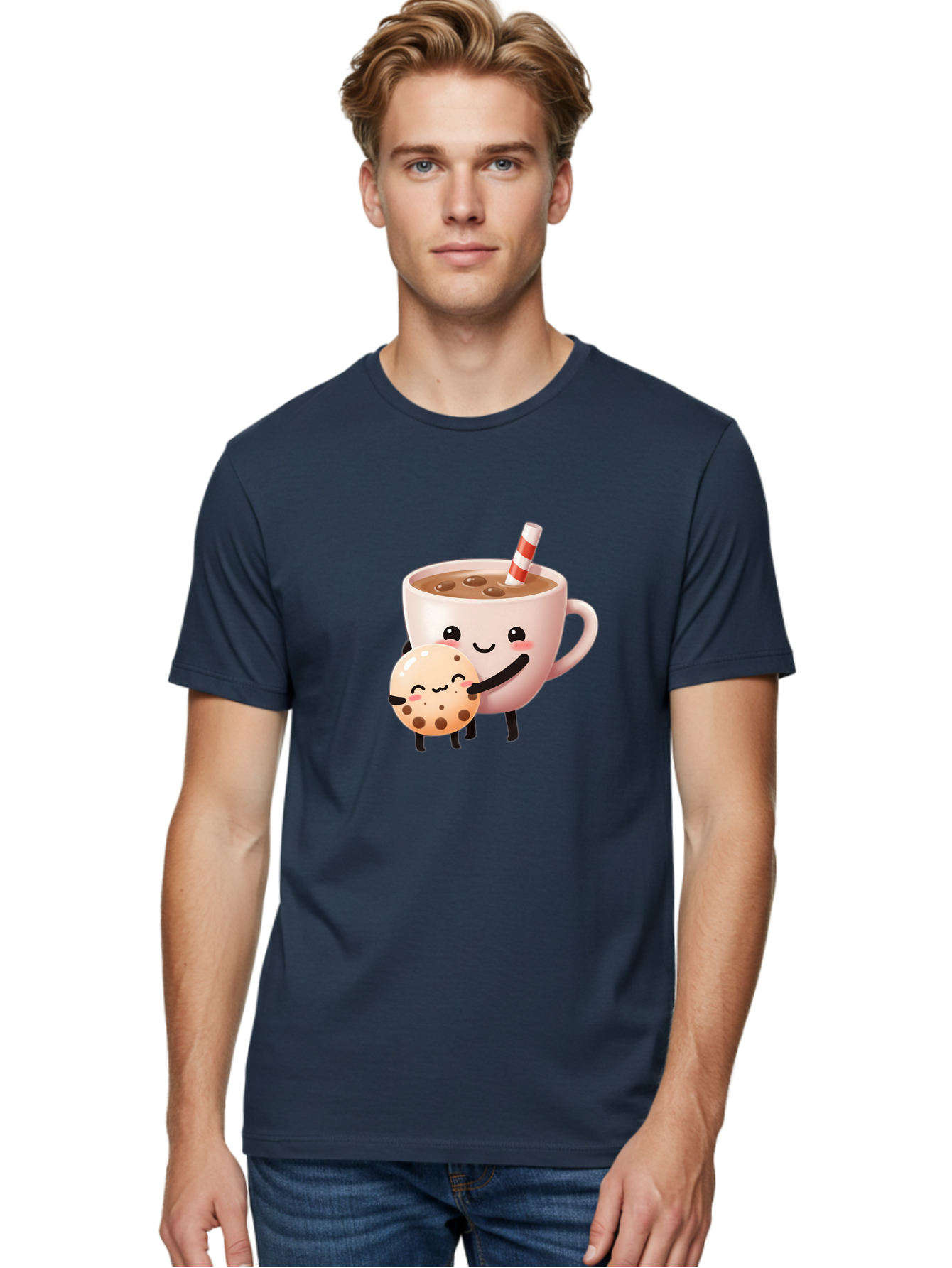 Cookie-And-Milk Men'S Graphic Tee, 100% Cotton, Comfortable Casual Summer Wear, Machine Washable, Cartoon Cup Of Milk, Chocolate Chip Cookie, Smiling Faces, Happy Snack, Sweet Treats, Dessert Time, Kid Friendly, Funny Characters Bac898