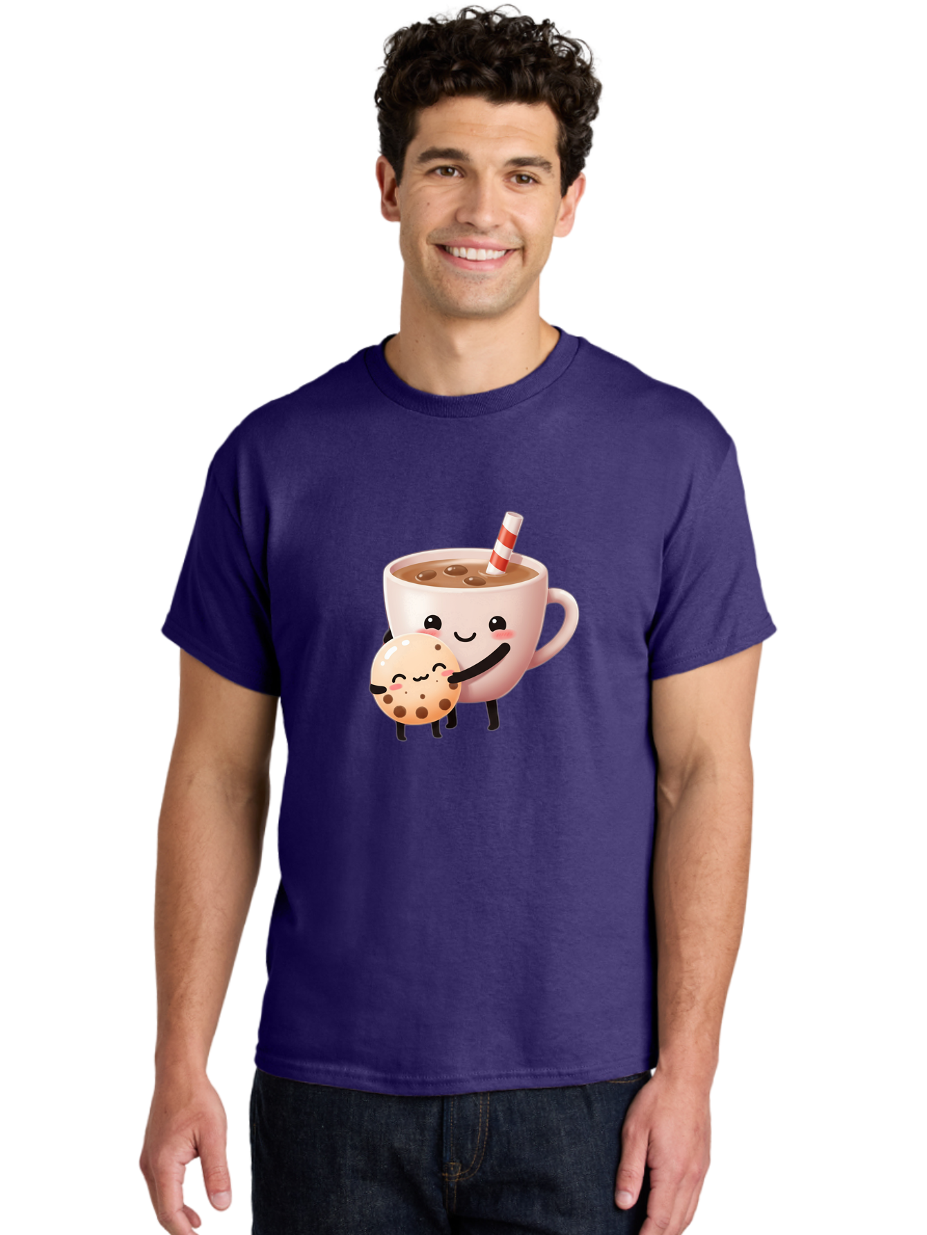 Cookie-And-Milk Men'S Graphic Tee, 100% Cotton, Comfortable Casual Summer Wear, Machine Washable, Cartoon Cup Of Milk, Chocolate Chip Cookie, Smiling Faces, Happy Snack, Sweet Treats, Dessert Time, Kid Friendly, Funny Characters Bac898