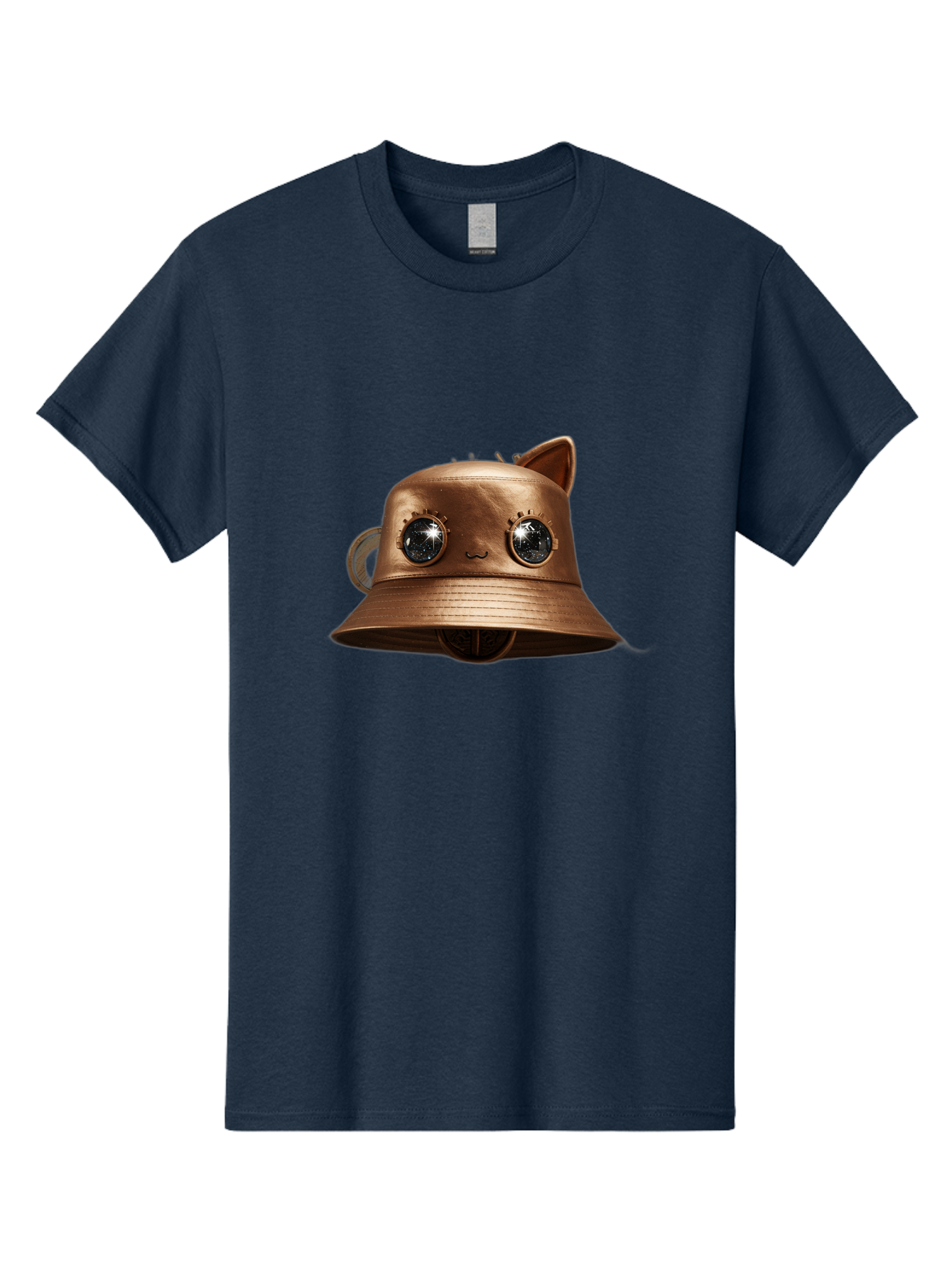 Copper-Hat Men'S Graphic Tee, 100% Cotton, Comfortable Casual Summer Wear, Machine Washable, Steampunk Cat, Bronze Helmet, Mechanical Eyes, Cat Ears, Metallic Sheen, Sci-Fi, Fantasy, Copper Finish, Whimsical Design, Industrial Chic, Bac900