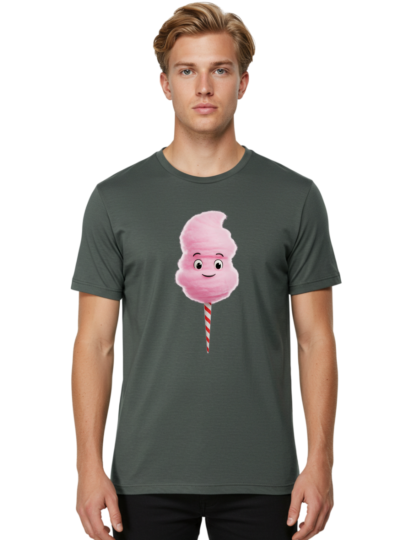Cotton-Candy-11 Men'S Graphic Tee, 100% Cotton, Comfortable Casual Summer Wear, Machine Washable, Cotton Candy, Sweet Treats, Fluffy Pink Candy, Cartoon Character, Striped Stick, Cartoon Eyes, Smiley Face, Playful Illustration, Bac904