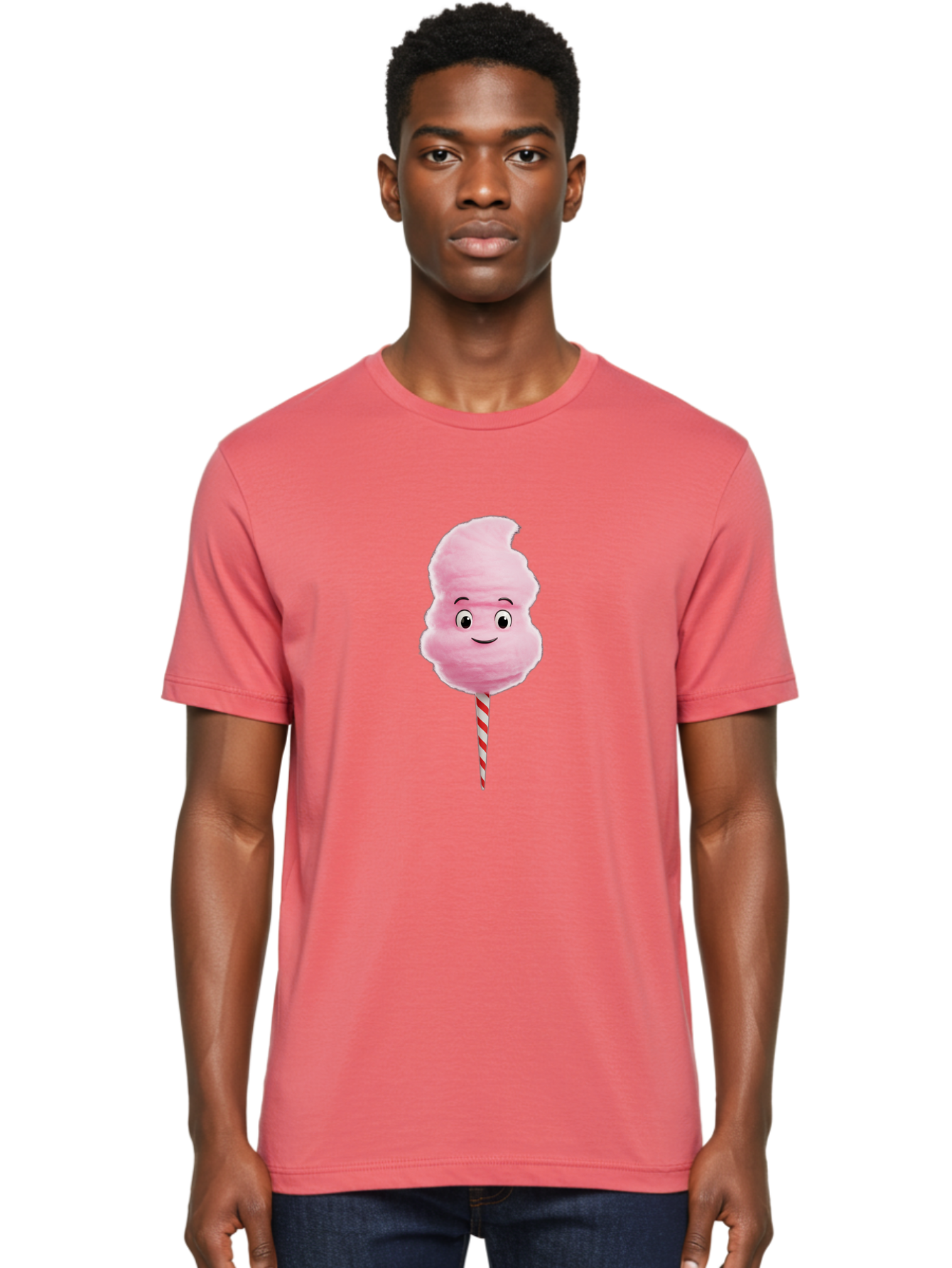 Cotton-Candy-11 Men'S Graphic Tee, 100% Cotton, Comfortable Casual Summer Wear, Machine Washable, Cotton Candy, Sweet Treats, Fluffy Pink Candy, Cartoon Character, Striped Stick, Cartoon Eyes, Smiley Face, Playful Illustration, Bac904