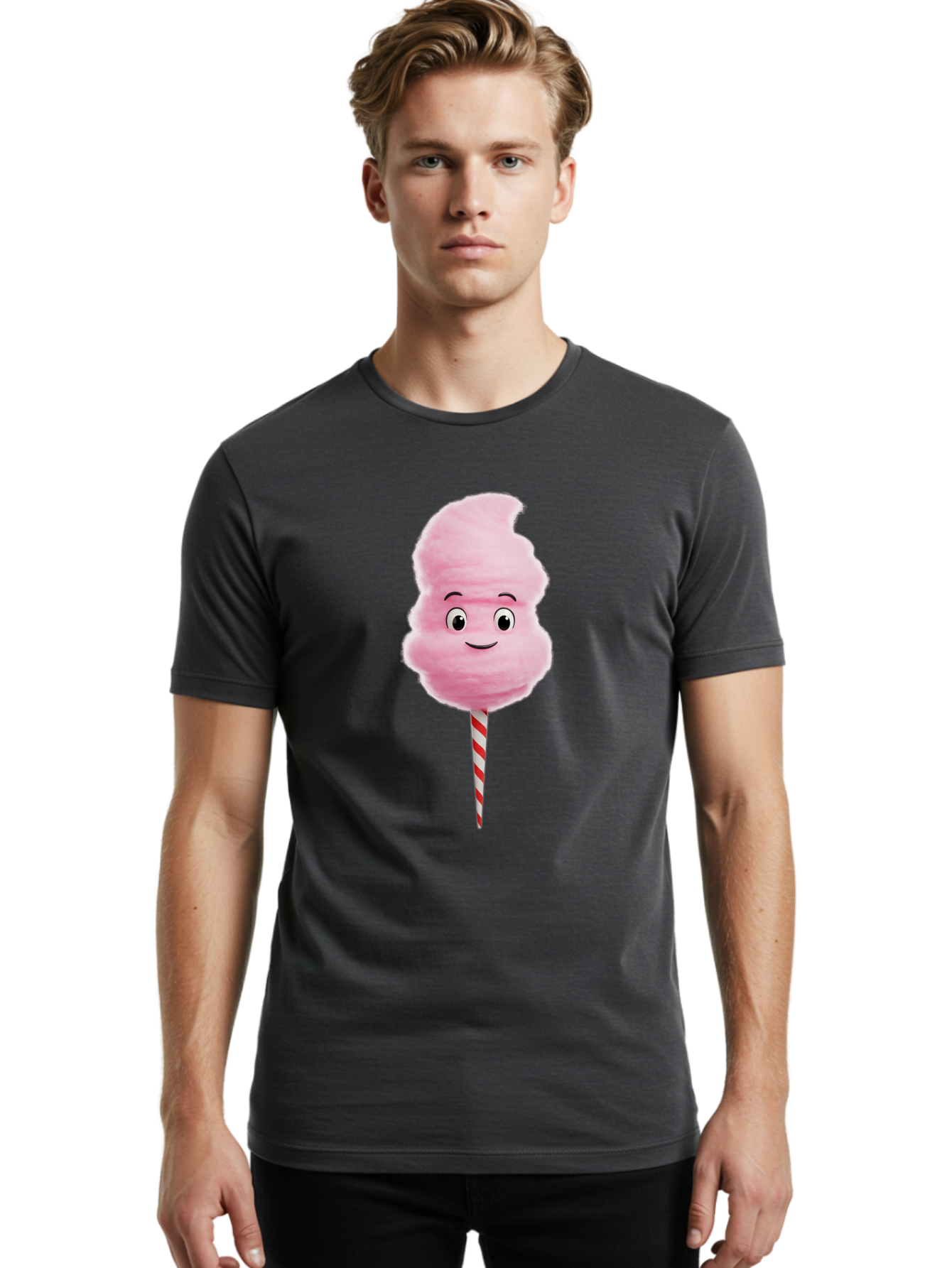 Cotton-Candy-11 Men'S Graphic Tee, 100% Cotton, Comfortable Casual Summer Wear, Machine Washable, Cotton Candy, Sweet Treats, Fluffy Pink Candy, Cartoon Character, Striped Stick, Cartoon Eyes, Smiley Face, Playful Illustration, Bac904