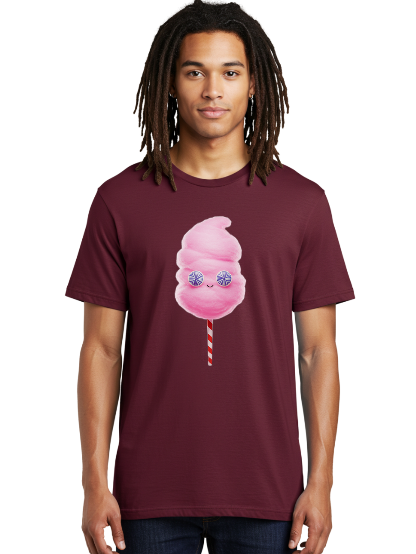 Cotton-Candy-12 Men'S Graphic Tee, 100% Cotton, Comfortable Casual Summer Wear, Machine Washable, Pink Cotton Candy, Happy Face, Spiral Eyes, Sweet Treat, Cartoon Style, Whimsical Illustration, Playful Design, Festive Atmosphere, Fun Food, Bac905