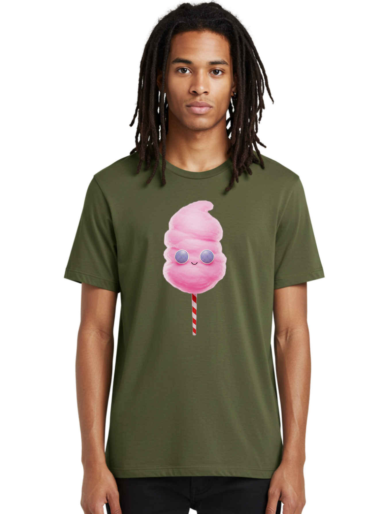 Cotton-Candy-12 Men'S Graphic Tee, 100% Cotton, Comfortable Casual Summer Wear, Machine Washable, Pink Cotton Candy, Happy Face, Spiral Eyes, Sweet Treat, Cartoon Style, Whimsical Illustration, Playful Design, Festive Atmosphere, Fun Food, Bac905