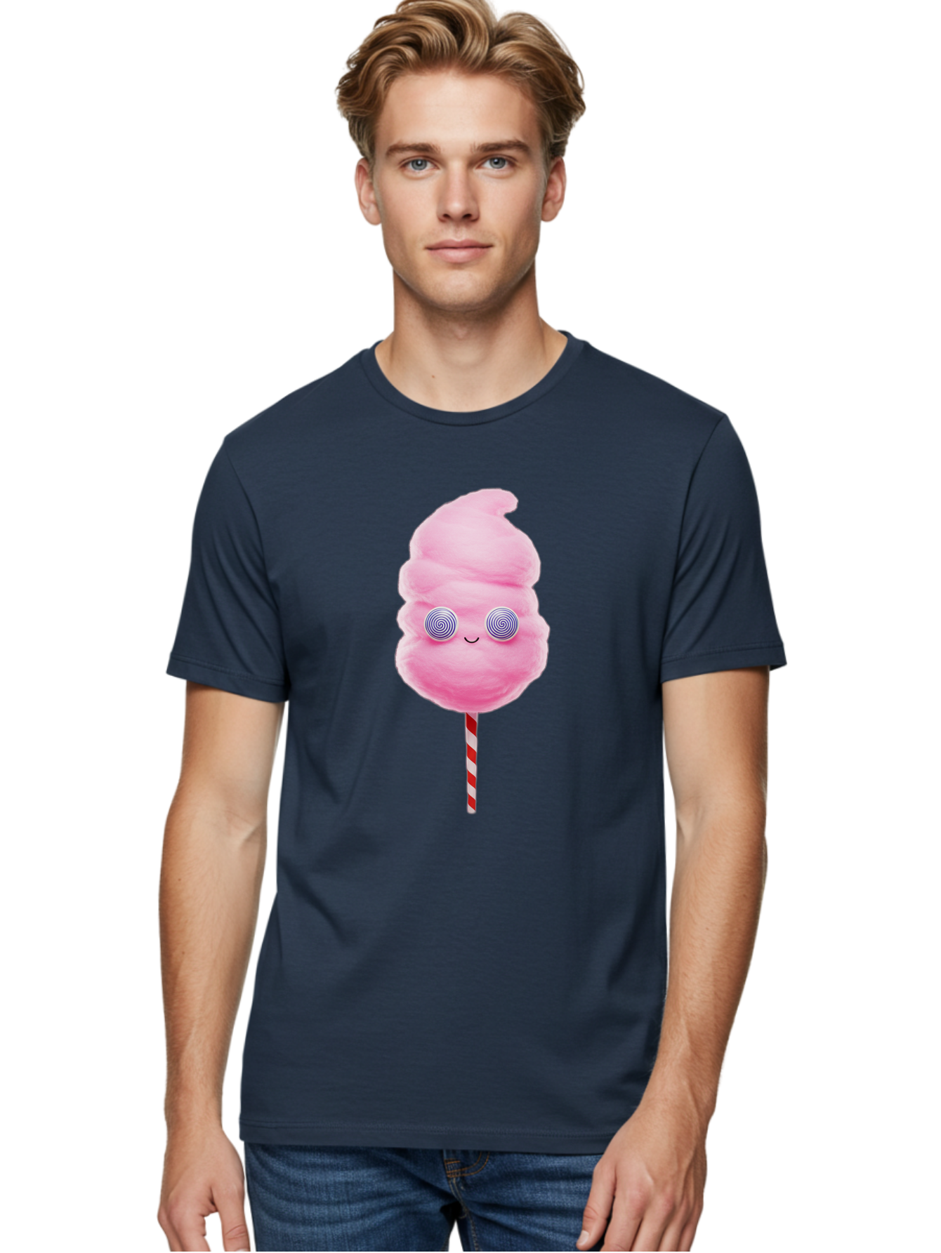 Cotton-Candy-12 Men'S Graphic Tee, 100% Cotton, Comfortable Casual Summer Wear, Machine Washable, Pink Cotton Candy, Happy Face, Spiral Eyes, Sweet Treat, Cartoon Style, Whimsical Illustration, Playful Design, Festive Atmosphere, Fun Food, Bac905