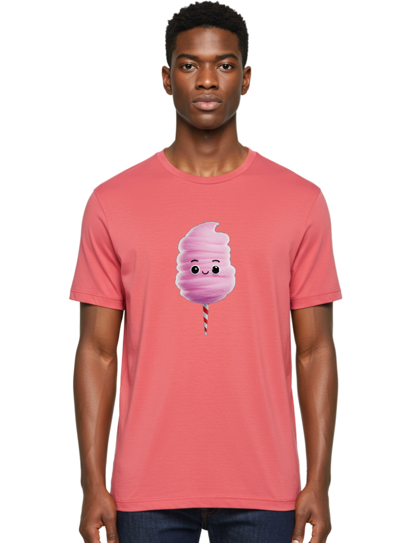 Cotton-Candy-13 Men'S Graphic Tee, 100% Cotton, Comfortable Casual Summer Wear, Machine Washable, Pink Cotton Candy On A Stick, Cartoon Character, Sweet Treats, Happy Face, Kawaii, Fluffy, Candy, Cartoon Illustration, Cute, Fun Bac906