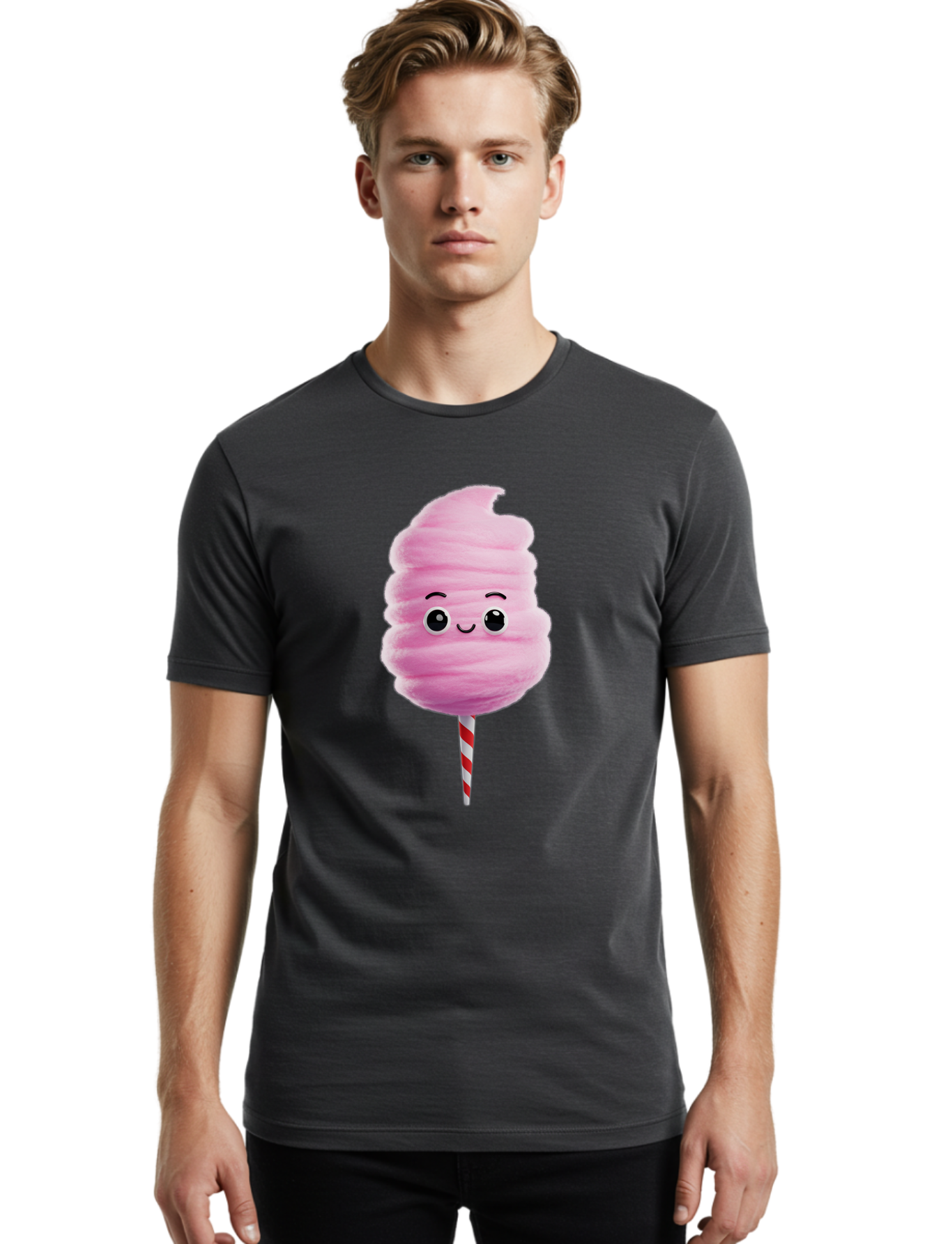 Cotton-Candy-13 Men'S Graphic Tee, 100% Cotton, Comfortable Casual Summer Wear, Machine Washable, Pink Cotton Candy On A Stick, Cartoon Character, Sweet Treats, Happy Face, Kawaii, Fluffy, Candy, Cartoon Illustration, Cute, Fun Bac906