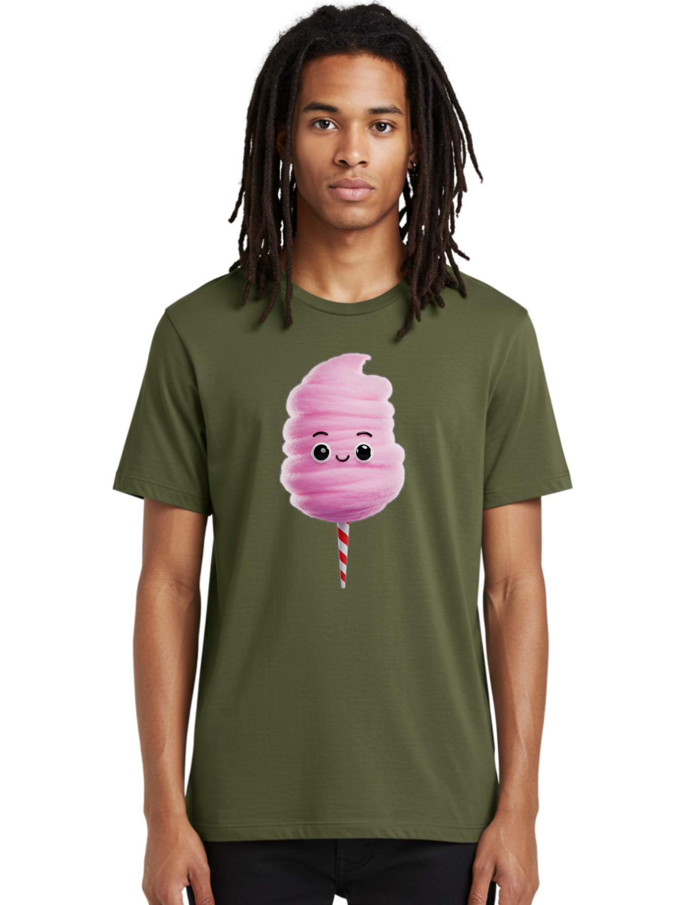 Cotton-Candy-13 Men'S Graphic Tee, 100% Cotton, Comfortable Casual Summer Wear, Machine Washable, Pink Cotton Candy On A Stick, Cartoon Character, Sweet Treats, Happy Face, Kawaii, Fluffy, Candy, Cartoon Illustration, Cute, Fun Bac906