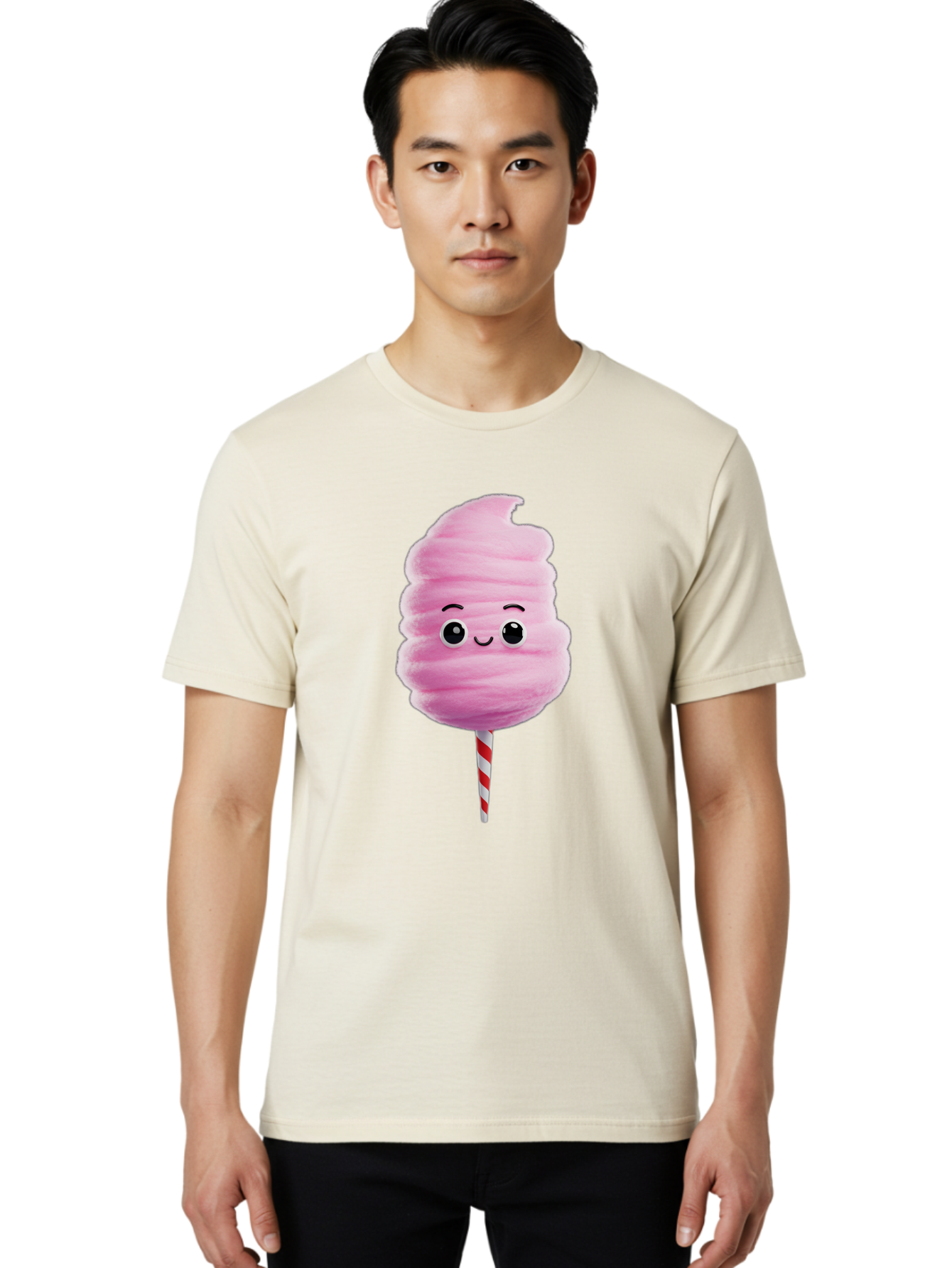 Cotton-Candy-13 Men'S Graphic Tee, 100% Cotton, Comfortable Casual Summer Wear, Machine Washable, Pink Cotton Candy On A Stick, Cartoon Character, Sweet Treats, Happy Face, Kawaii, Fluffy, Candy, Cartoon Illustration, Cute, Fun Bac906