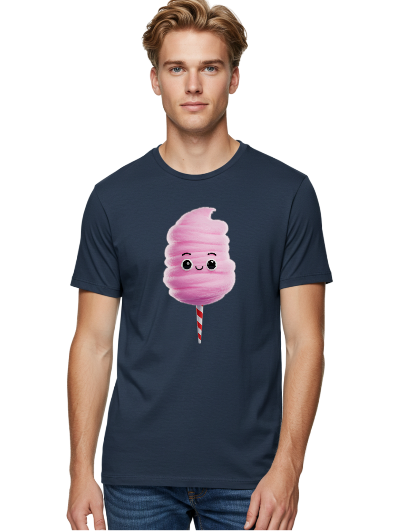 Cotton-Candy-13 Men'S Graphic Tee, 100% Cotton, Comfortable Casual Summer Wear, Machine Washable, Pink Cotton Candy On A Stick, Cartoon Character, Sweet Treats, Happy Face, Kawaii, Fluffy, Candy, Cartoon Illustration, Cute, Fun Bac906