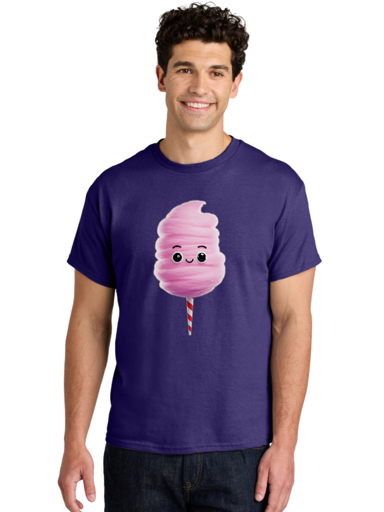 Cotton-Candy-13 Men'S Graphic Tee, 100% Cotton, Comfortable Casual Summer Wear, Machine Washable, Pink Cotton Candy On A Stick, Cartoon Character, Sweet Treats, Happy Face, Kawaii, Fluffy, Candy, Cartoon Illustration, Cute, Fun Bac906