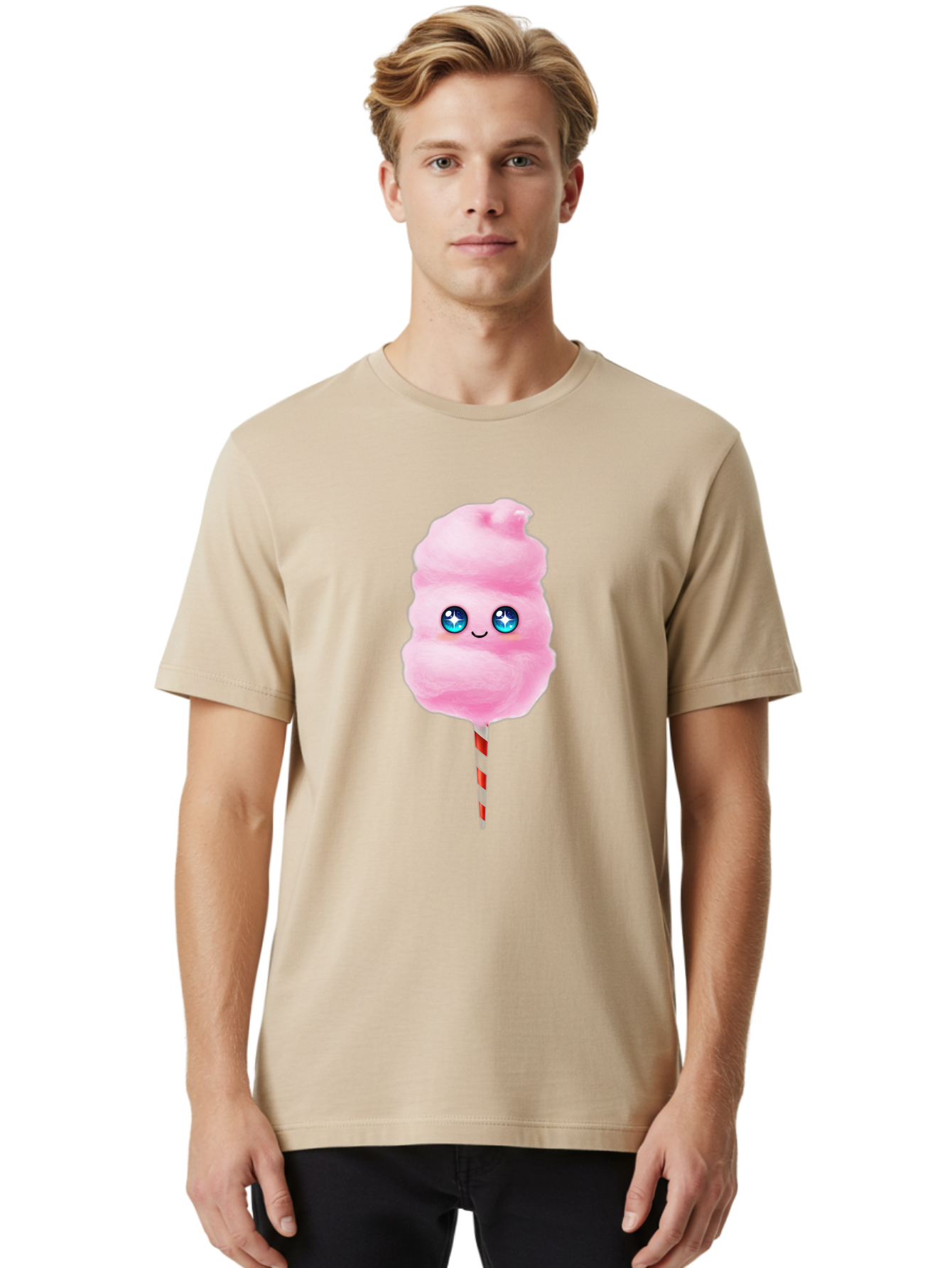Cotton-Candy-14 Men'S Graphic Tee, 100% Cotton, Comfortable Casual Summer Wear, Machine Washable, Pink Cotton Candy, Cartoon Character, Kawaii, Cute Face, Blue Eyes, Smiley, Sweet Treats, Fluffy, Carnival, Fun, Cartoon Eyes, Adorable, Funfair Bac907