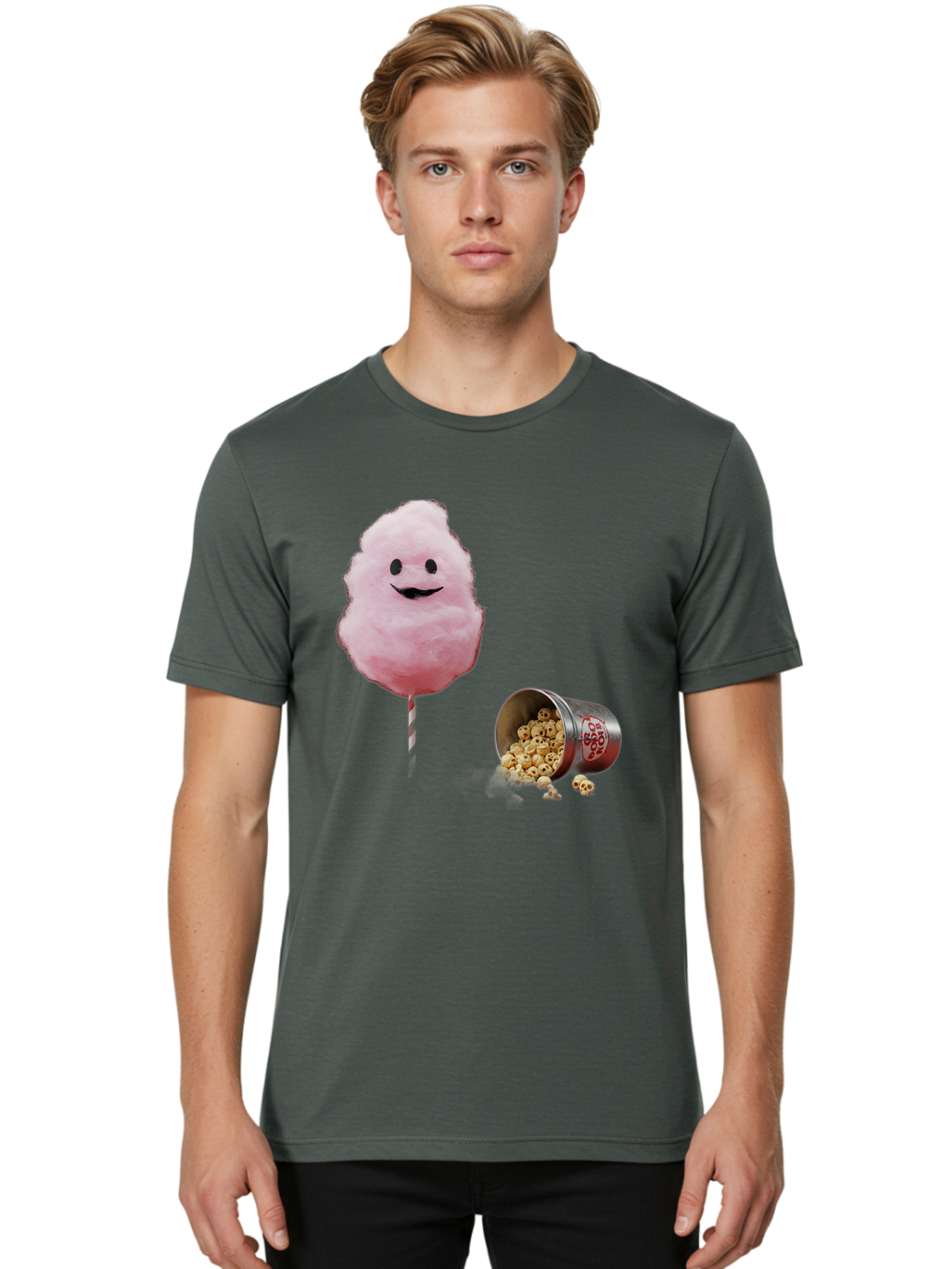 Cotton-Candy-16 Men'S Graphic Tee, 100% Cotton, Comfortable Casual Summer Wear, Machine Washable, Cartoon Cotton Candy With A Smiling Mouth, Cotton Candy On A Stick, Fun Food, Cartoon Snack, Popcorn Treat, Colorful Graphics, Playful Imagery, Bac909