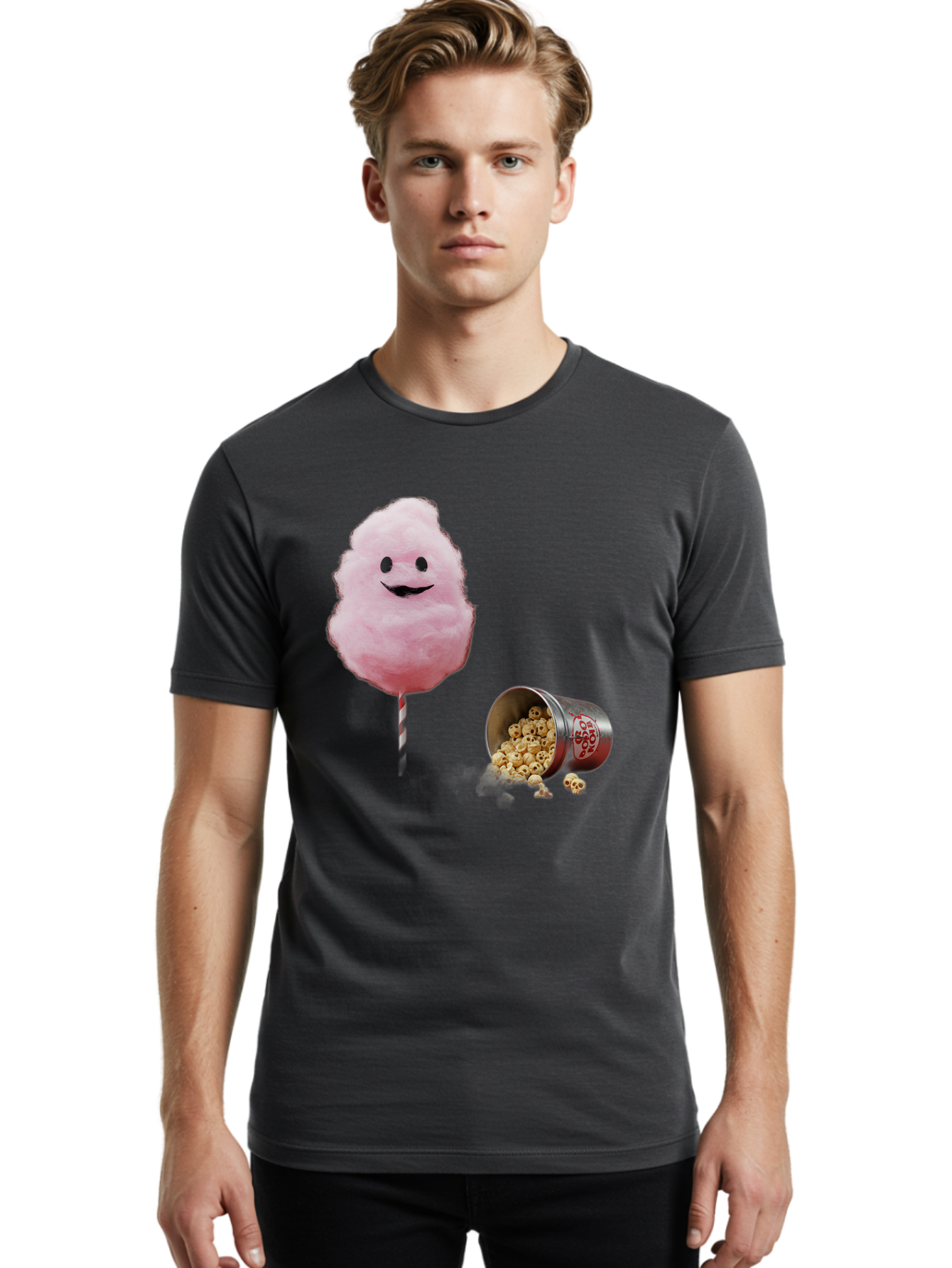Cotton-Candy-16 Men'S Graphic Tee, 100% Cotton, Comfortable Casual Summer Wear, Machine Washable, Cartoon Cotton Candy With A Smiling Mouth, Cotton Candy On A Stick, Fun Food, Cartoon Snack, Popcorn Treat, Colorful Graphics, Playful Imagery, Bac909