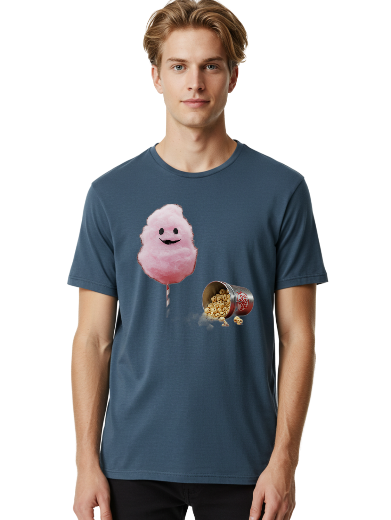 Cotton-Candy-16 Men'S Graphic Tee, 100% Cotton, Comfortable Casual Summer Wear, Machine Washable, Cartoon Cotton Candy With A Smiling Mouth, Cotton Candy On A Stick, Fun Food, Cartoon Snack, Popcorn Treat, Colorful Graphics, Playful Imagery, Bac909