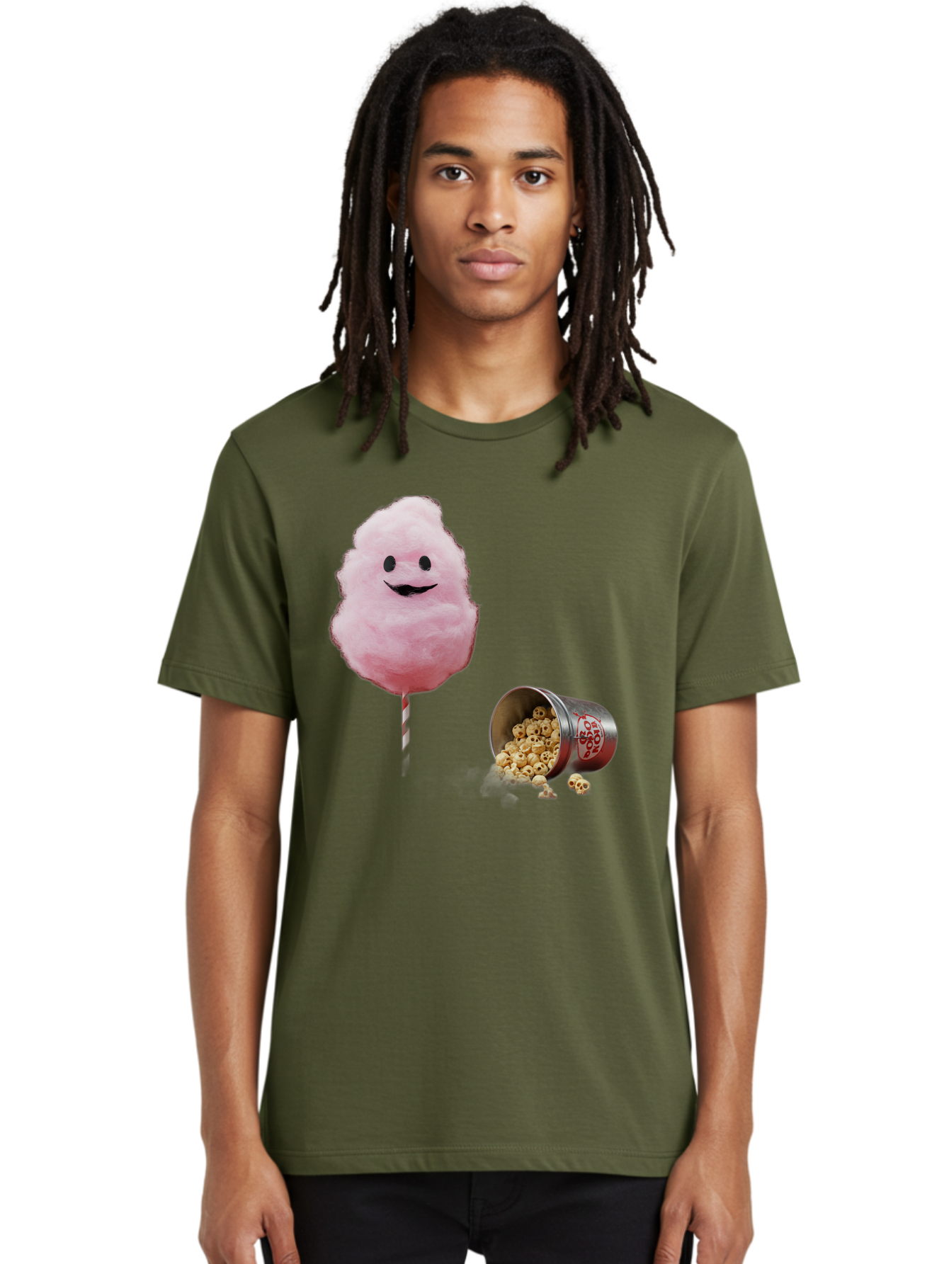 Cotton-Candy-16 Men'S Graphic Tee, 100% Cotton, Comfortable Casual Summer Wear, Machine Washable, Cartoon Cotton Candy With A Smiling Mouth, Cotton Candy On A Stick, Fun Food, Cartoon Snack, Popcorn Treat, Colorful Graphics, Playful Imagery, Bac909