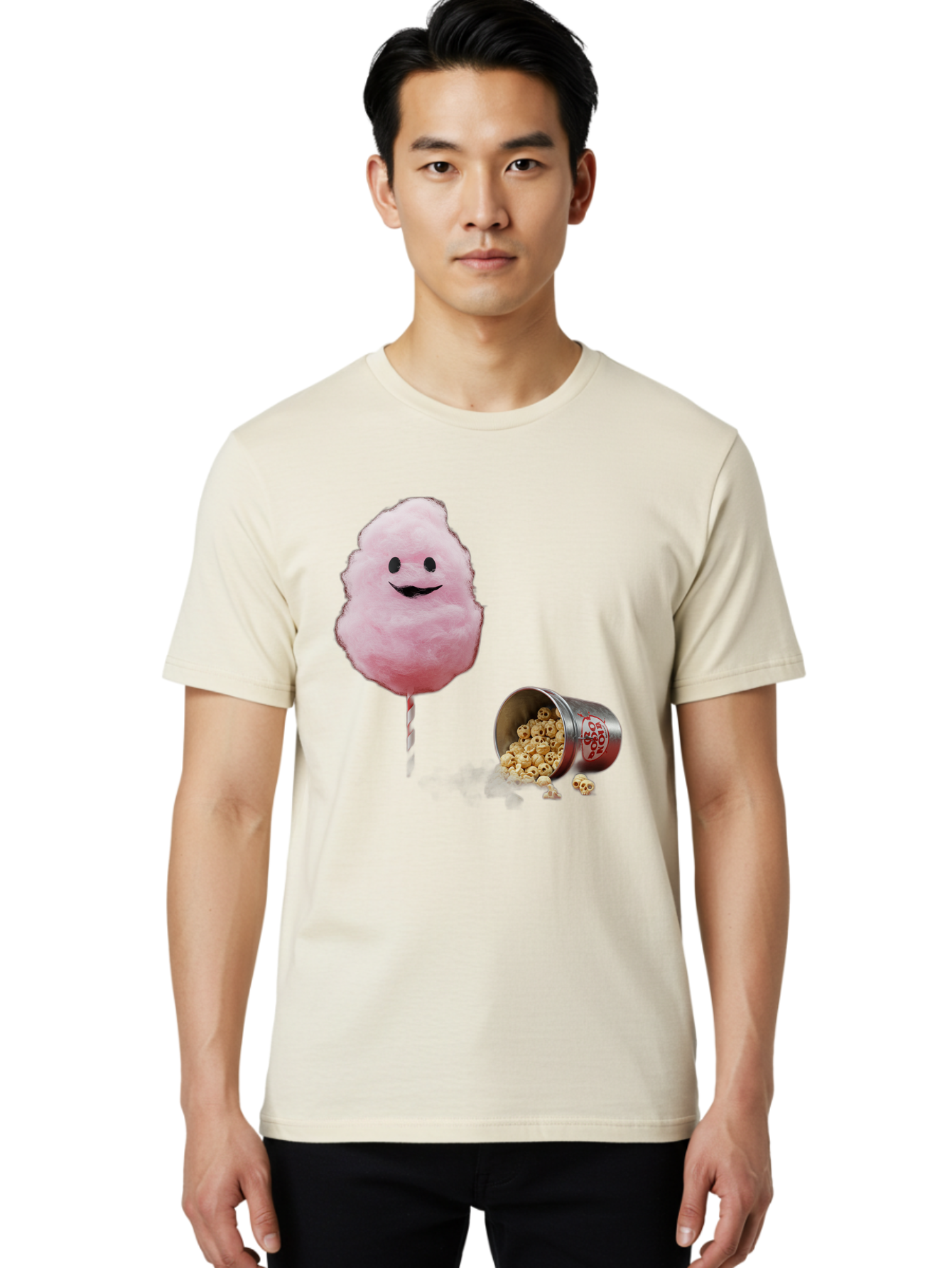 Cotton-Candy-16 Men'S Graphic Tee, 100% Cotton, Comfortable Casual Summer Wear, Machine Washable, Cartoon Cotton Candy With A Smiling Mouth, Cotton Candy On A Stick, Fun Food, Cartoon Snack, Popcorn Treat, Colorful Graphics, Playful Imagery, Bac909