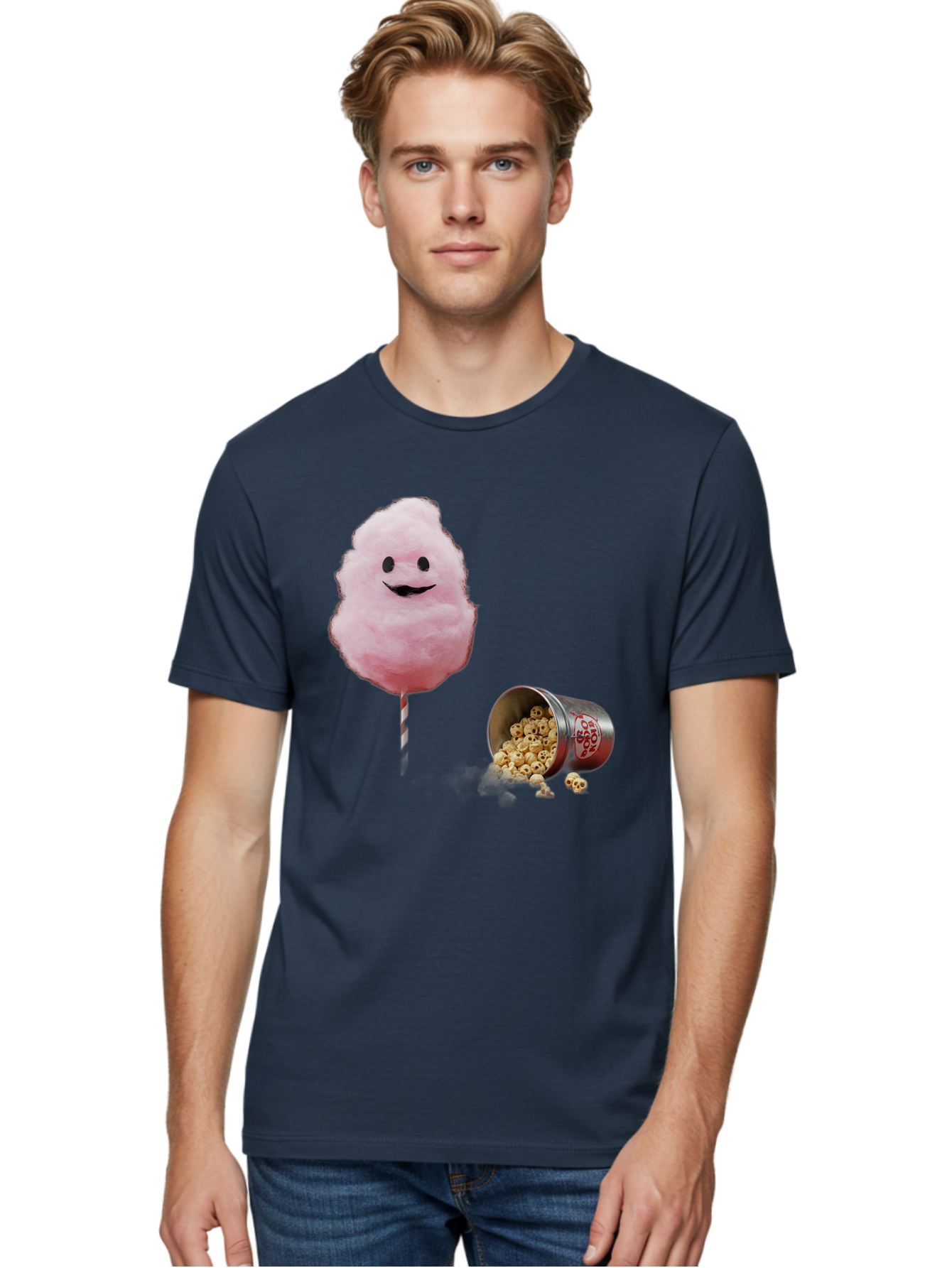 Cotton-Candy-16 Men'S Graphic Tee, 100% Cotton, Comfortable Casual Summer Wear, Machine Washable, Cartoon Cotton Candy With A Smiling Mouth, Cotton Candy On A Stick, Fun Food, Cartoon Snack, Popcorn Treat, Colorful Graphics, Playful Imagery, Bac909