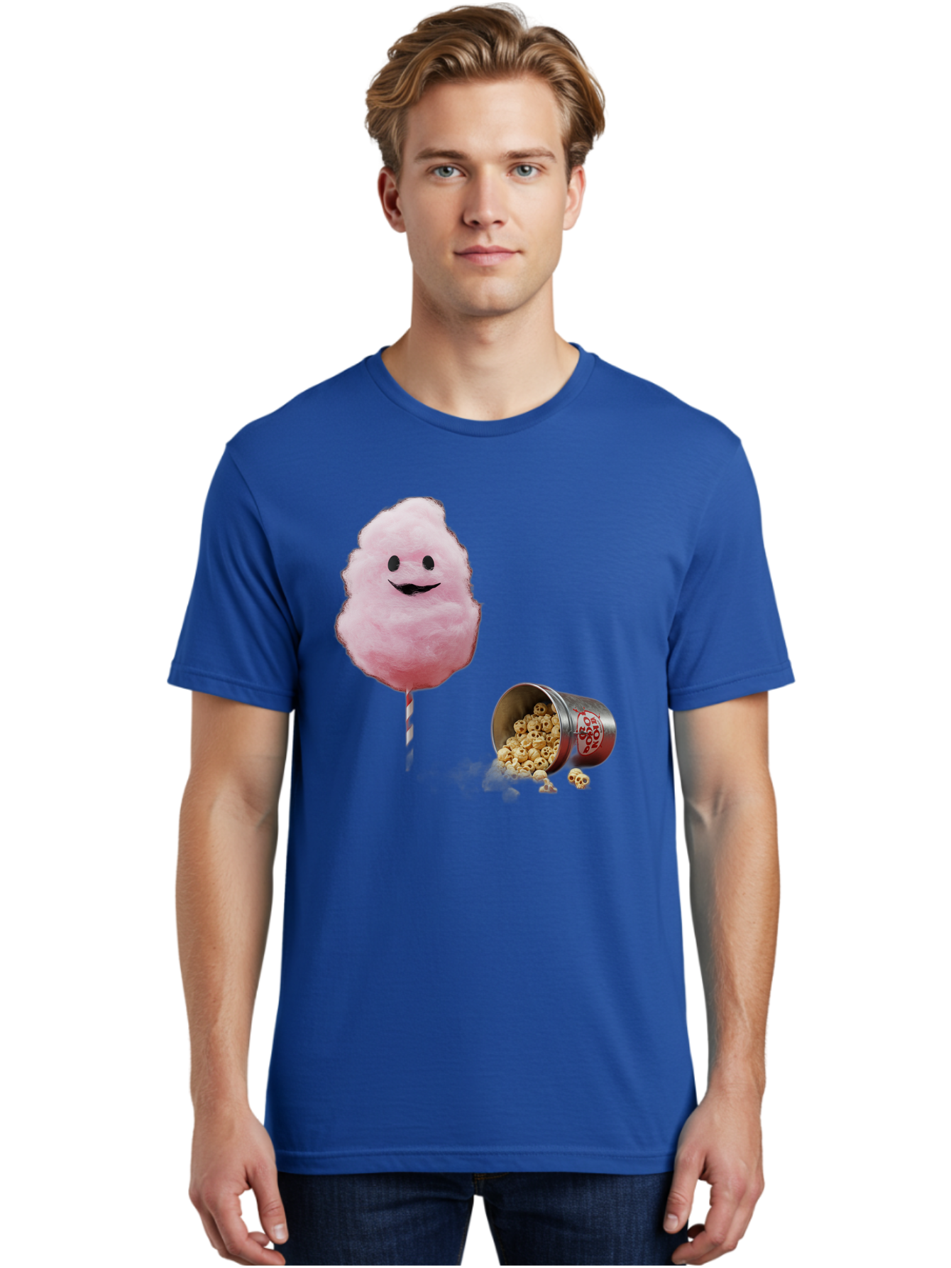 Cotton-Candy-16 Men'S Graphic Tee, 100% Cotton, Comfortable Casual Summer Wear, Machine Washable, Cartoon Cotton Candy With A Smiling Mouth, Cotton Candy On A Stick, Fun Food, Cartoon Snack, Popcorn Treat, Colorful Graphics, Playful Imagery, Bac909