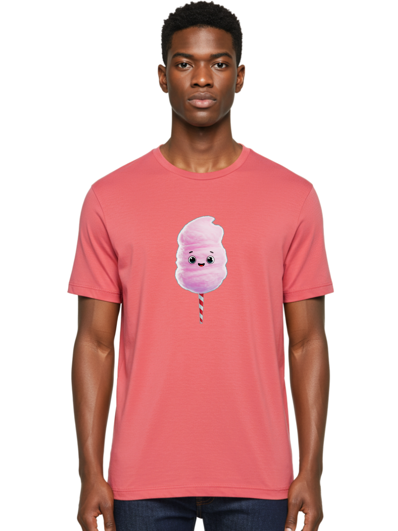 Cotton-Candy-4 Men'S Graphic Tee, 100% Cotton, Comfortable Casual Summer Wear, Machine Washable, Fluffy Pink Cotton Candy, Cartoon Character, Sweet Treat, Striped Stick, Cute Face, Happy Expression, Carnival Snack, Sugary Delight, Bac912