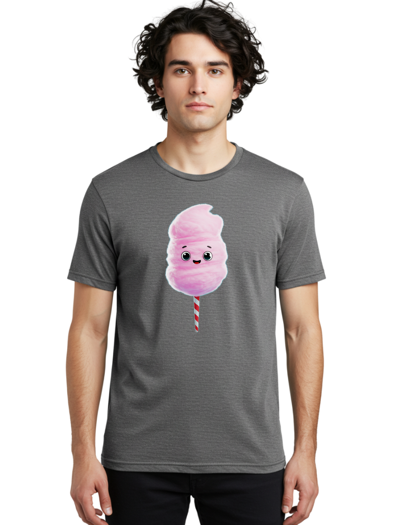 Cotton-Candy-4 Men'S Graphic Tee, 100% Cotton, Comfortable Casual Summer Wear, Machine Washable, Fluffy Pink Cotton Candy, Cartoon Character, Sweet Treat, Striped Stick, Cute Face, Happy Expression, Carnival Snack, Sugary Delight, Bac912
