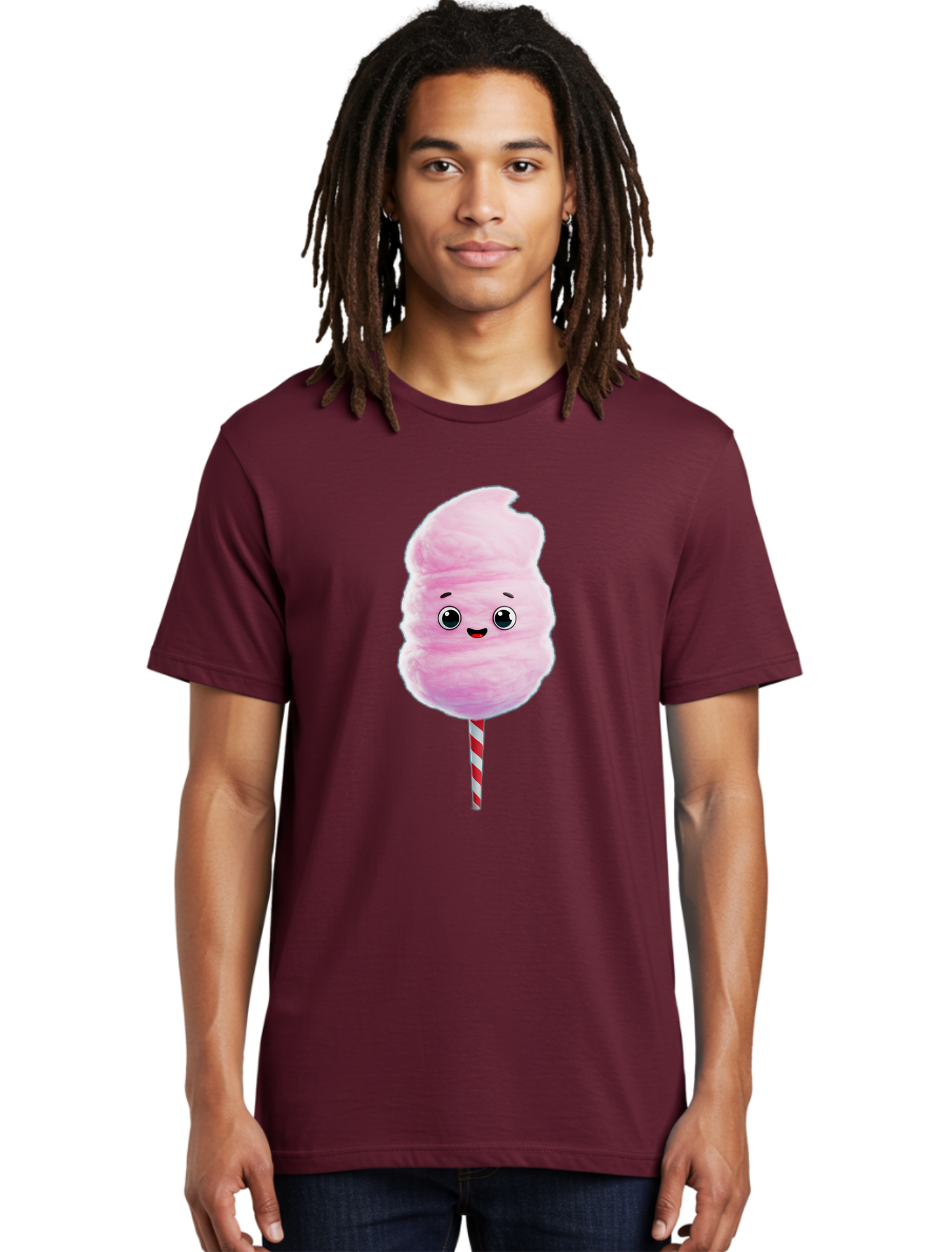 Cotton-Candy-4 Men'S Graphic Tee, 100% Cotton, Comfortable Casual Summer Wear, Machine Washable, Fluffy Pink Cotton Candy, Cartoon Character, Sweet Treat, Striped Stick, Cute Face, Happy Expression, Carnival Snack, Sugary Delight, Bac912