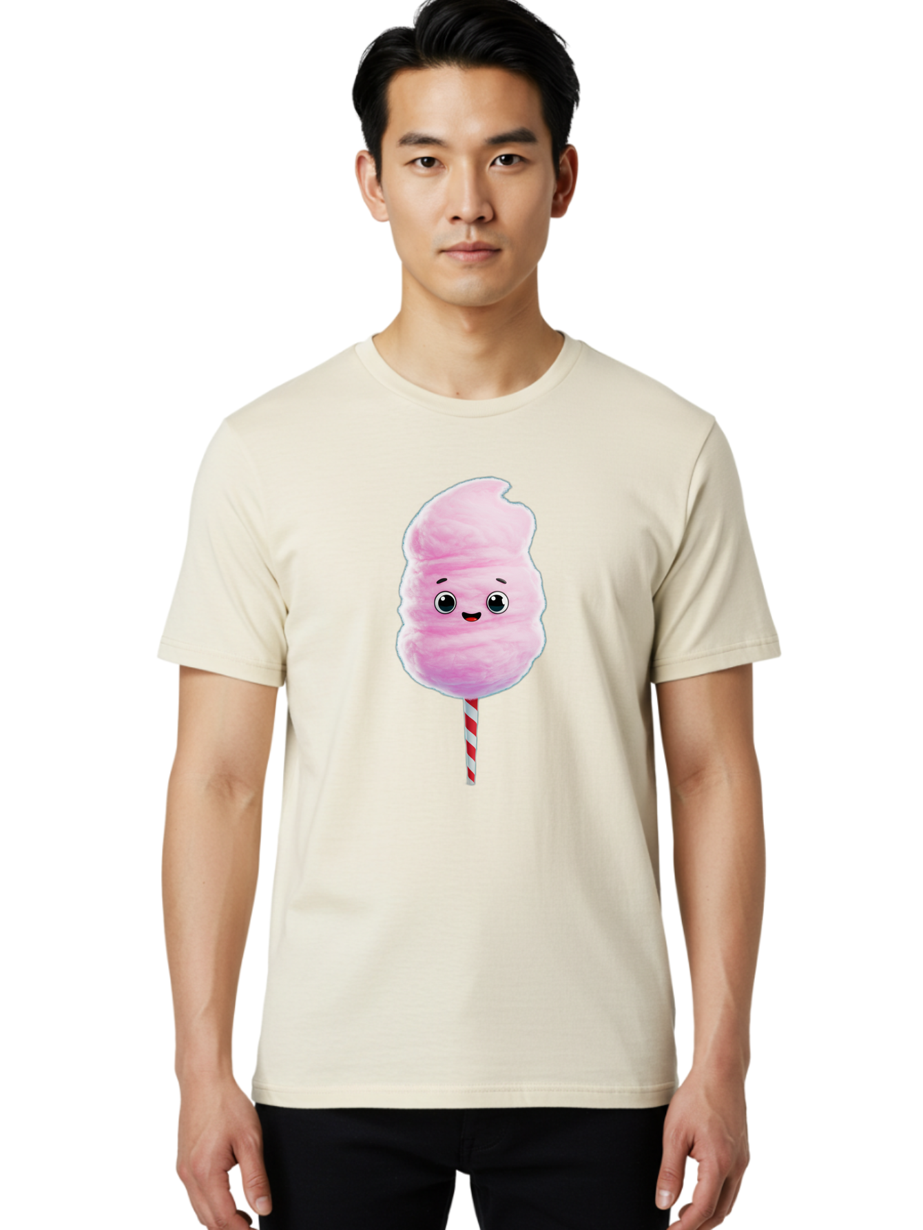 Cotton-Candy-4 Men'S Graphic Tee, 100% Cotton, Comfortable Casual Summer Wear, Machine Washable, Fluffy Pink Cotton Candy, Cartoon Character, Sweet Treat, Striped Stick, Cute Face, Happy Expression, Carnival Snack, Sugary Delight, Bac912