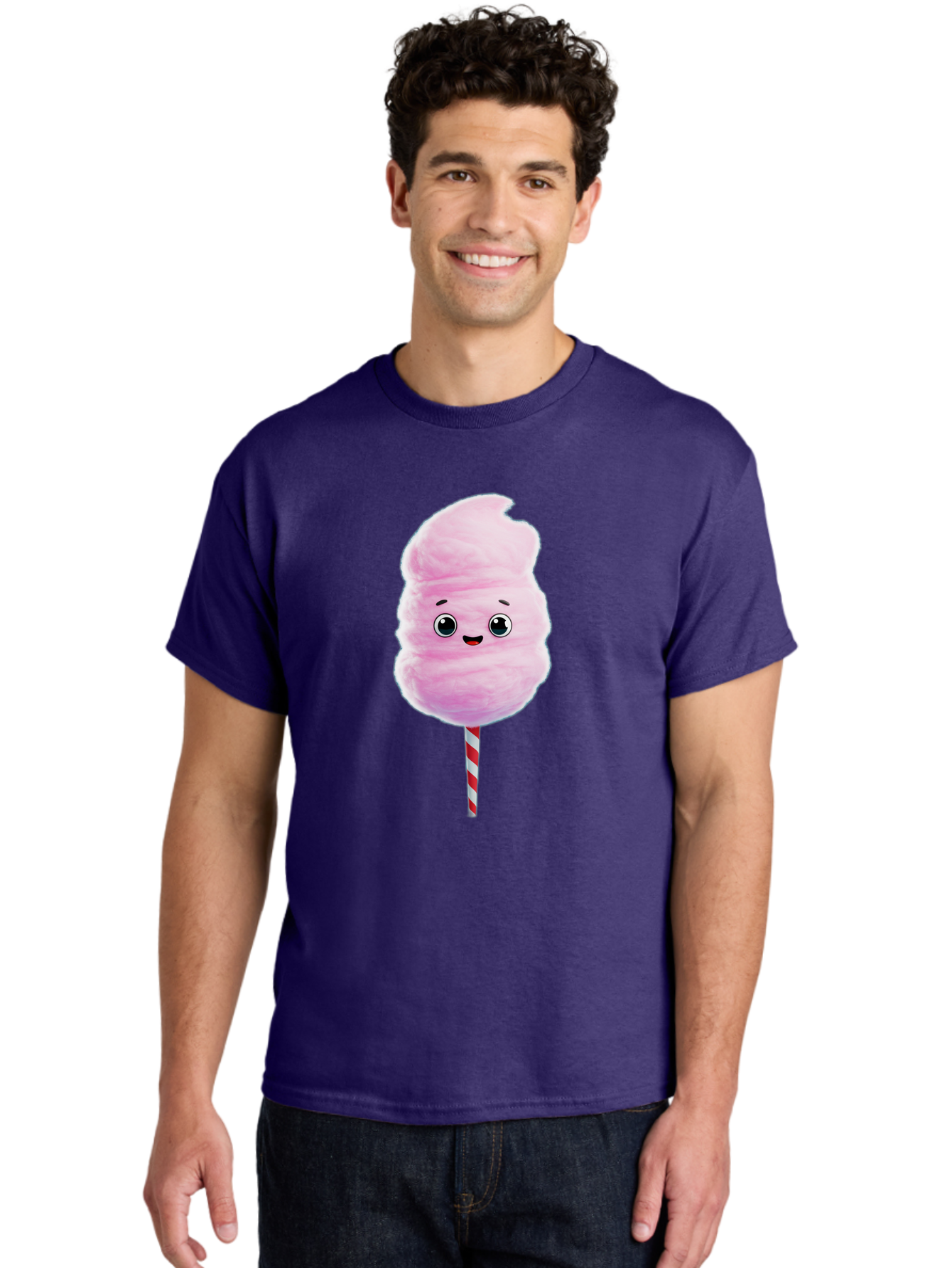 Cotton-Candy-4 Men'S Graphic Tee, 100% Cotton, Comfortable Casual Summer Wear, Machine Washable, Fluffy Pink Cotton Candy, Cartoon Character, Sweet Treat, Striped Stick, Cute Face, Happy Expression, Carnival Snack, Sugary Delight, Bac912