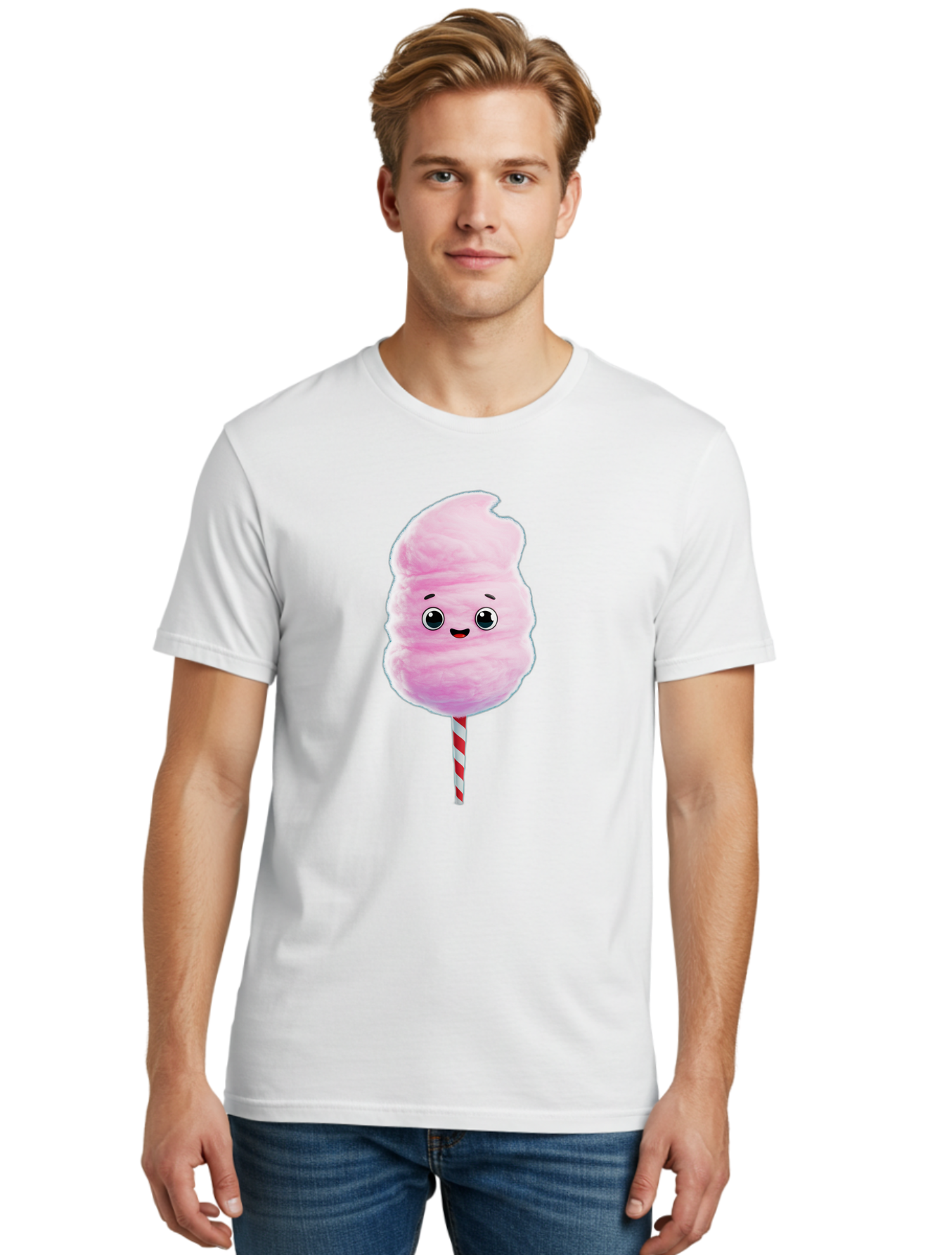 Cotton-Candy-4 Men'S Graphic Tee, 100% Cotton, Comfortable Casual Summer Wear, Machine Washable, Fluffy Pink Cotton Candy, Cartoon Character, Sweet Treat, Striped Stick, Cute Face, Happy Expression, Carnival Snack, Sugary Delight, Bac912