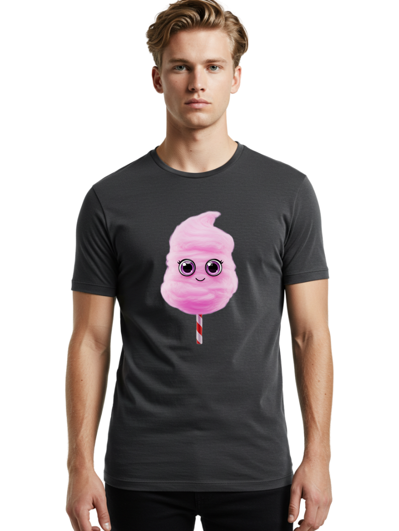 Cotton-Candy-6 Men'S Graphic Tee, 100% Cotton, Comfortable Casual Summer Wear, Machine Washable, Pink Cotton Candy On A Stick, Fluffy Texture, Anthropomorphic Candy, Cute Cartoon Character, Sweet Treats, Carnival Snack, Fun Food, Bac914
