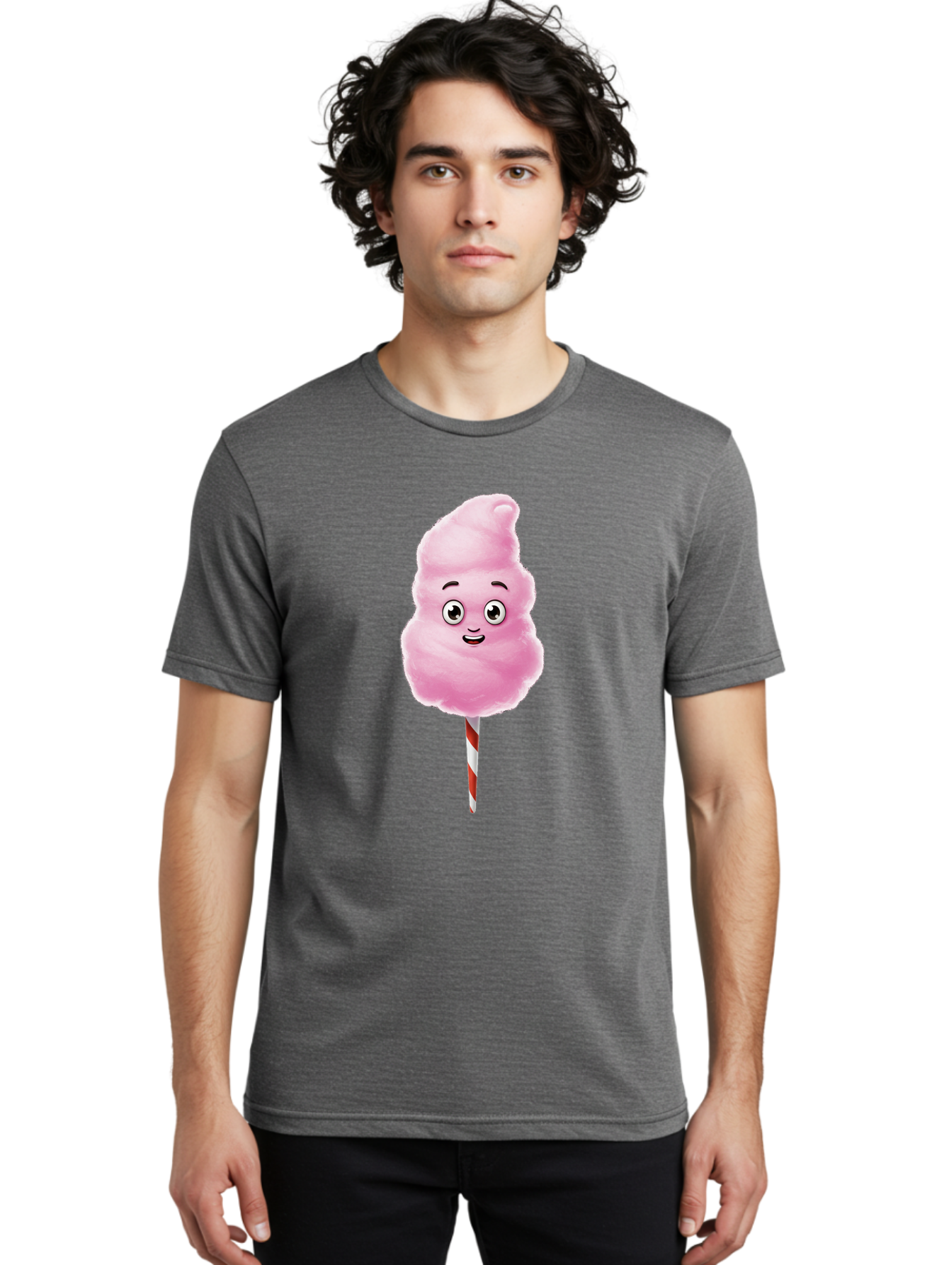 Cotton-Candy-7 Men'S Graphic Tee, 100% Cotton, Comfortable Casual Summer Wear, Machine Washable, Pink Cotton Candy, Cartoon Character, Smiling Face, Happy Eyes, Red And White Stick, Sweet Treat, Fluffy Texture, Cartoon Candy Bac915