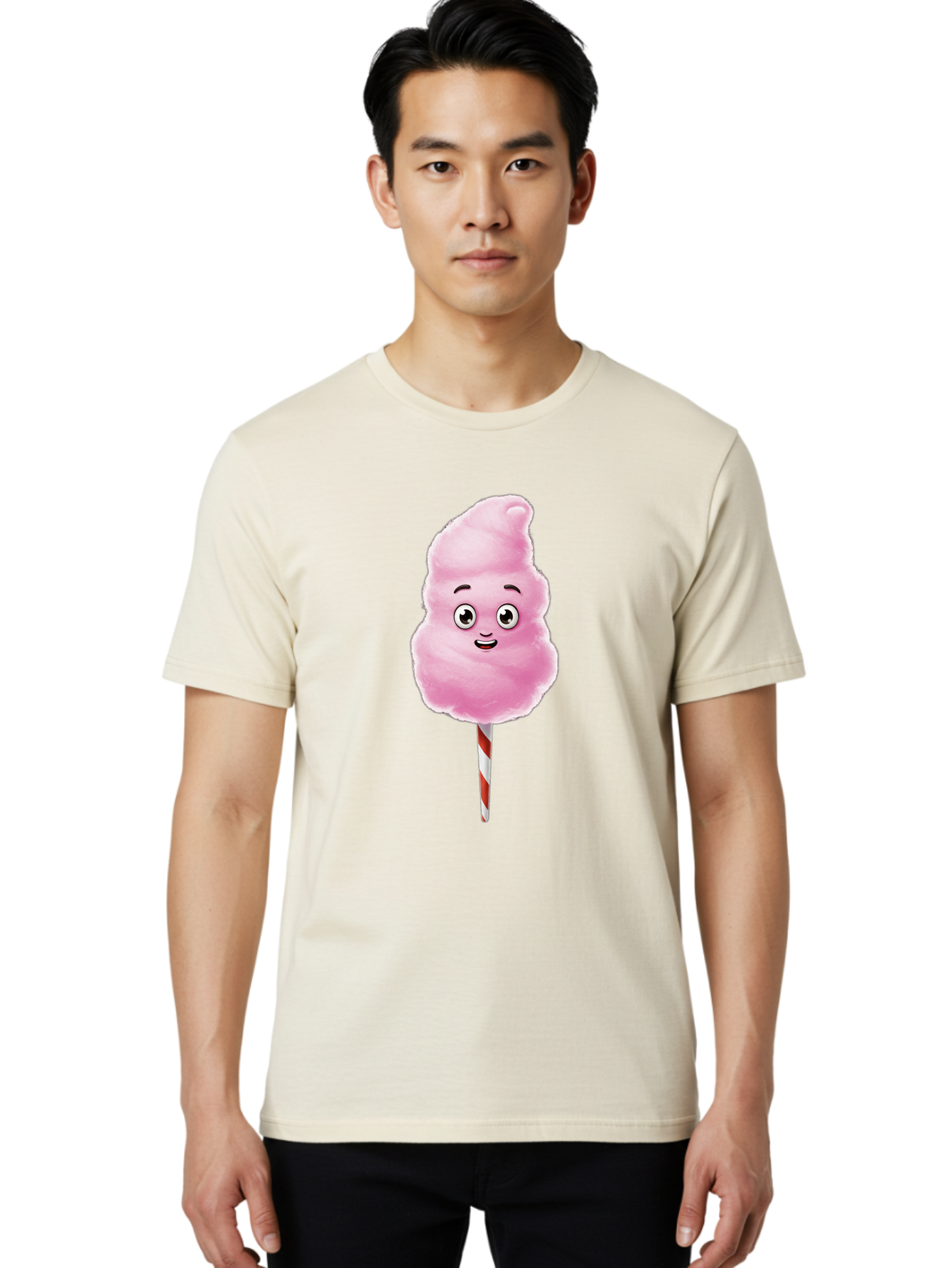 Cotton-Candy-7 Men'S Graphic Tee, 100% Cotton, Comfortable Casual Summer Wear, Machine Washable, Pink Cotton Candy, Cartoon Character, Smiling Face, Happy Eyes, Red And White Stick, Sweet Treat, Fluffy Texture, Cartoon Candy Bac915