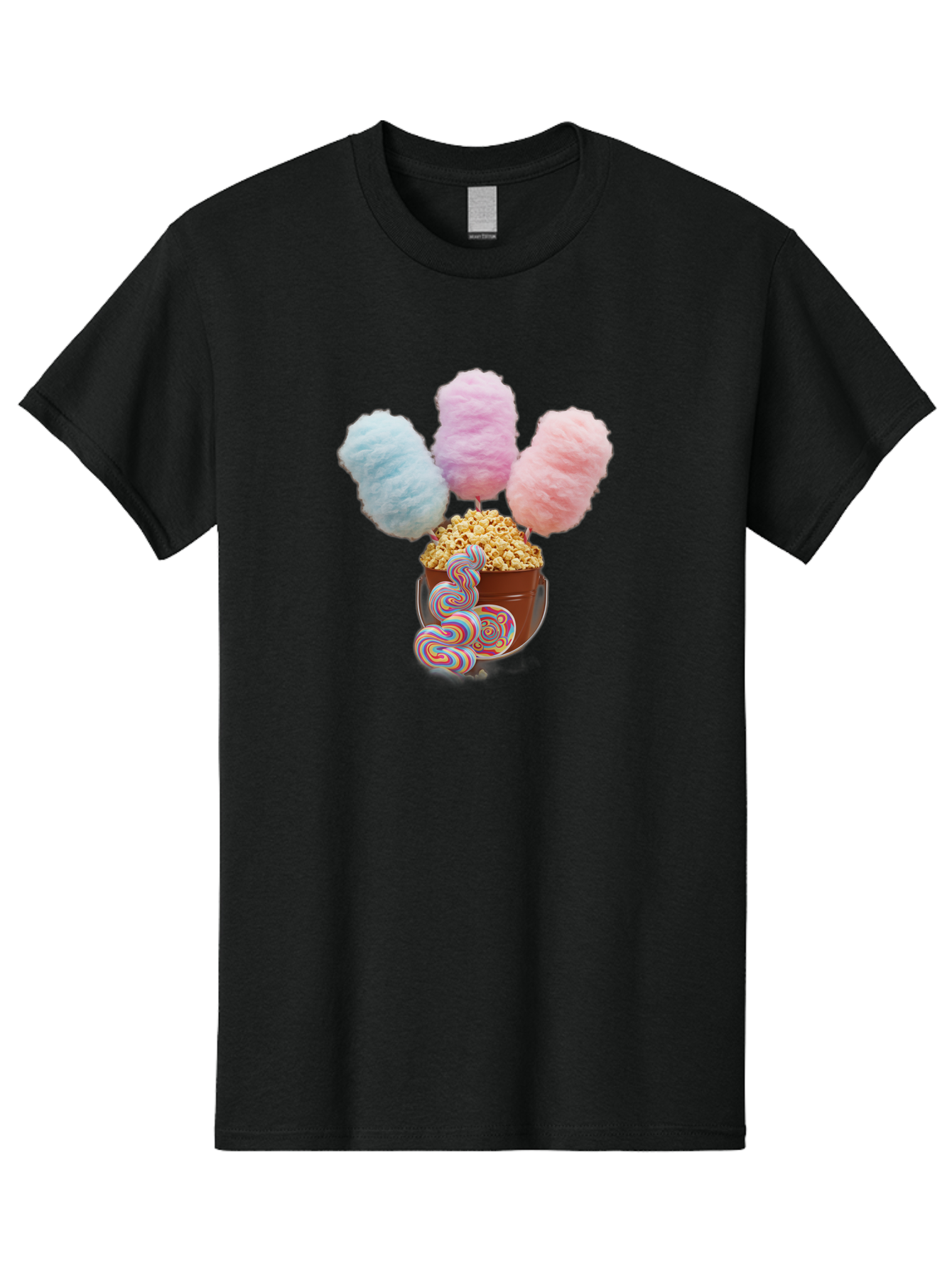 Cotton-Candy-And-Popcorn-1 Men'S Graphic Tee, 100% Cotton, Comfortable Casual Summer Wear, Machine Washable, Colorful Sweets, Sweet Treats, Cotton Candy, Popcorn, Rainbow Lollipops, Swirly Lollipops, Caramel Popcorn, Multi-Colored Candy, Bac918
