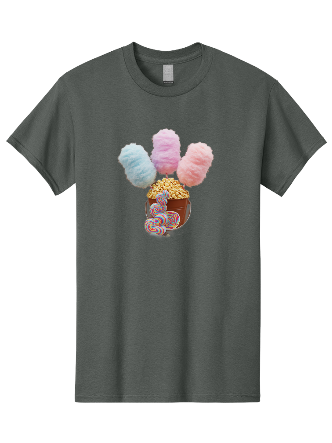 Cotton-Candy-And-Popcorn-1 Men'S Graphic Tee, 100% Cotton, Comfortable Casual Summer Wear, Machine Washable, Colorful Sweets, Sweet Treats, Cotton Candy, Popcorn, Rainbow Lollipops, Swirly Lollipops, Caramel Popcorn, Multi-Colored Candy, Bac918