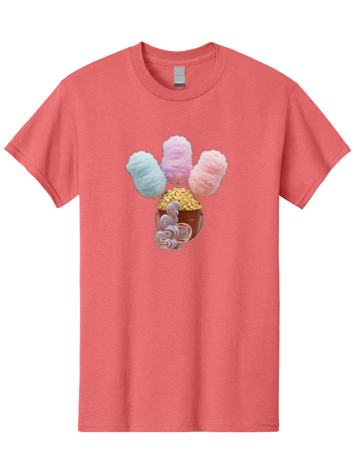 Cotton-Candy-And-Popcorn-1 Men'S Graphic Tee, 100% Cotton, Comfortable Casual Summer Wear, Machine Washable, Colorful Sweets, Sweet Treats, Cotton Candy, Popcorn, Rainbow Lollipops, Swirly Lollipops, Caramel Popcorn, Multi-Colored Candy, Bac918