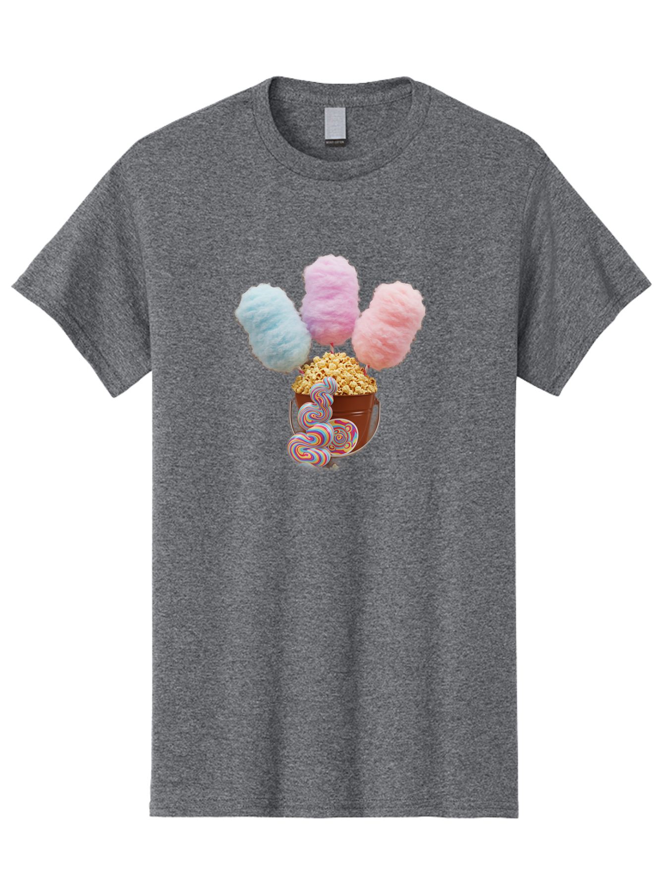 Cotton-Candy-And-Popcorn-1 Men'S Graphic Tee, 100% Cotton, Comfortable Casual Summer Wear, Machine Washable, Colorful Sweets, Sweet Treats, Cotton Candy, Popcorn, Rainbow Lollipops, Swirly Lollipops, Caramel Popcorn, Multi-Colored Candy, Bac918