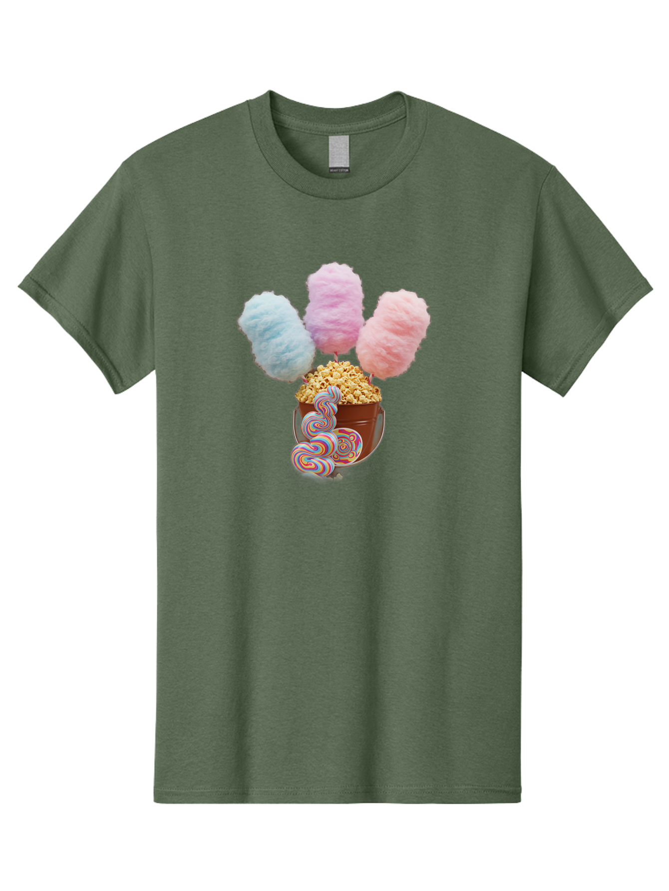 Cotton-Candy-And-Popcorn-1 Men'S Graphic Tee, 100% Cotton, Comfortable Casual Summer Wear, Machine Washable, Colorful Sweets, Sweet Treats, Cotton Candy, Popcorn, Rainbow Lollipops, Swirly Lollipops, Caramel Popcorn, Multi-Colored Candy, Bac918