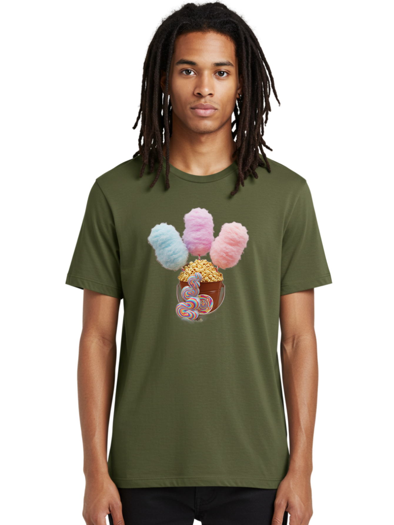 Cotton-Candy-And-Popcorn-1 Men'S Graphic Tee, 100% Cotton, Comfortable Casual Summer Wear, Machine Washable, Colorful Sweets, Sweet Treats, Cotton Candy, Popcorn, Rainbow Lollipops, Swirly Lollipops, Caramel Popcorn, Multi-Colored Candy, Bac918