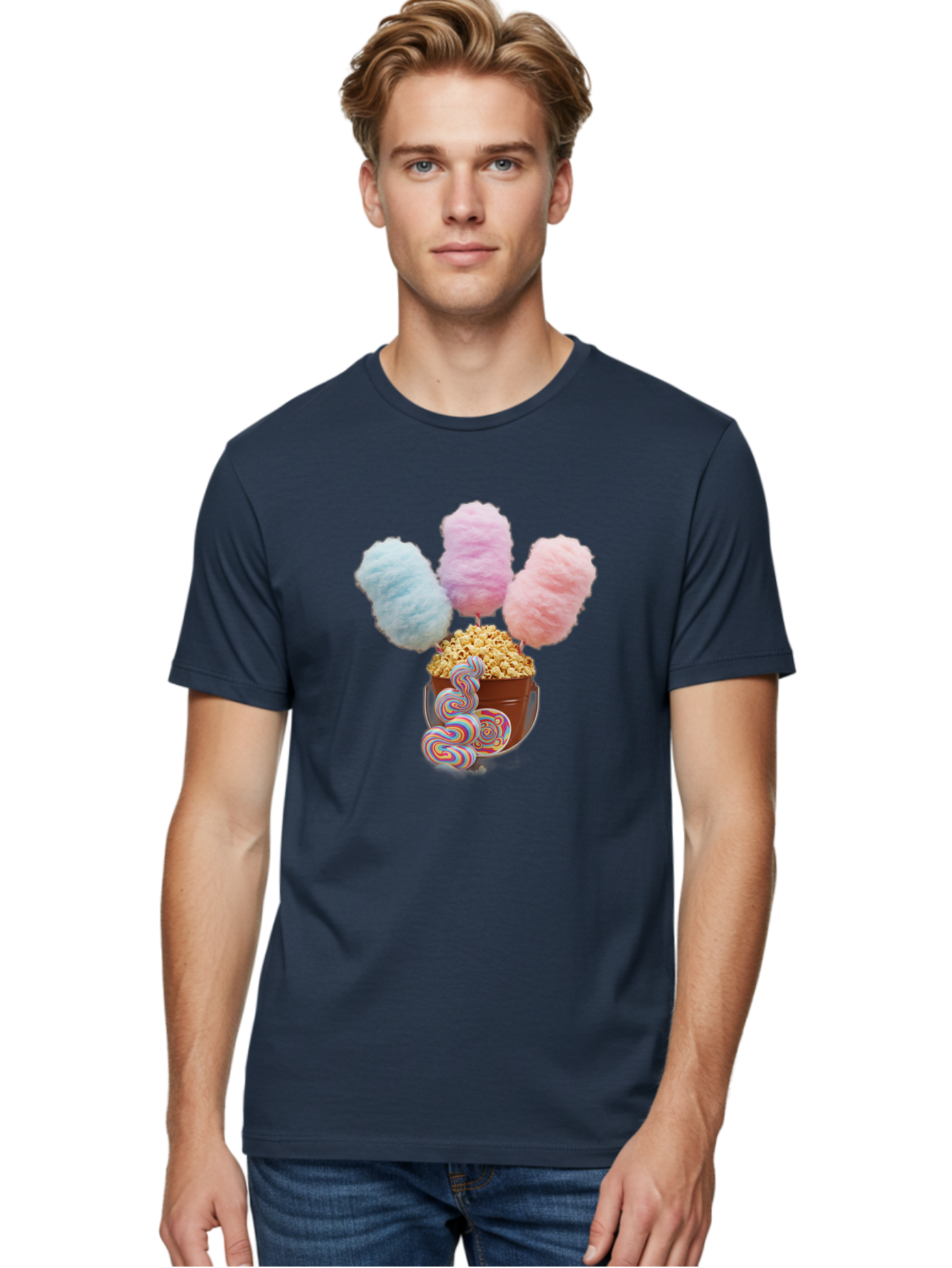 Cotton-Candy-And-Popcorn-1 Men'S Graphic Tee, 100% Cotton, Comfortable Casual Summer Wear, Machine Washable, Colorful Sweets, Sweet Treats, Cotton Candy, Popcorn, Rainbow Lollipops, Swirly Lollipops, Caramel Popcorn, Multi-Colored Candy, Bac918