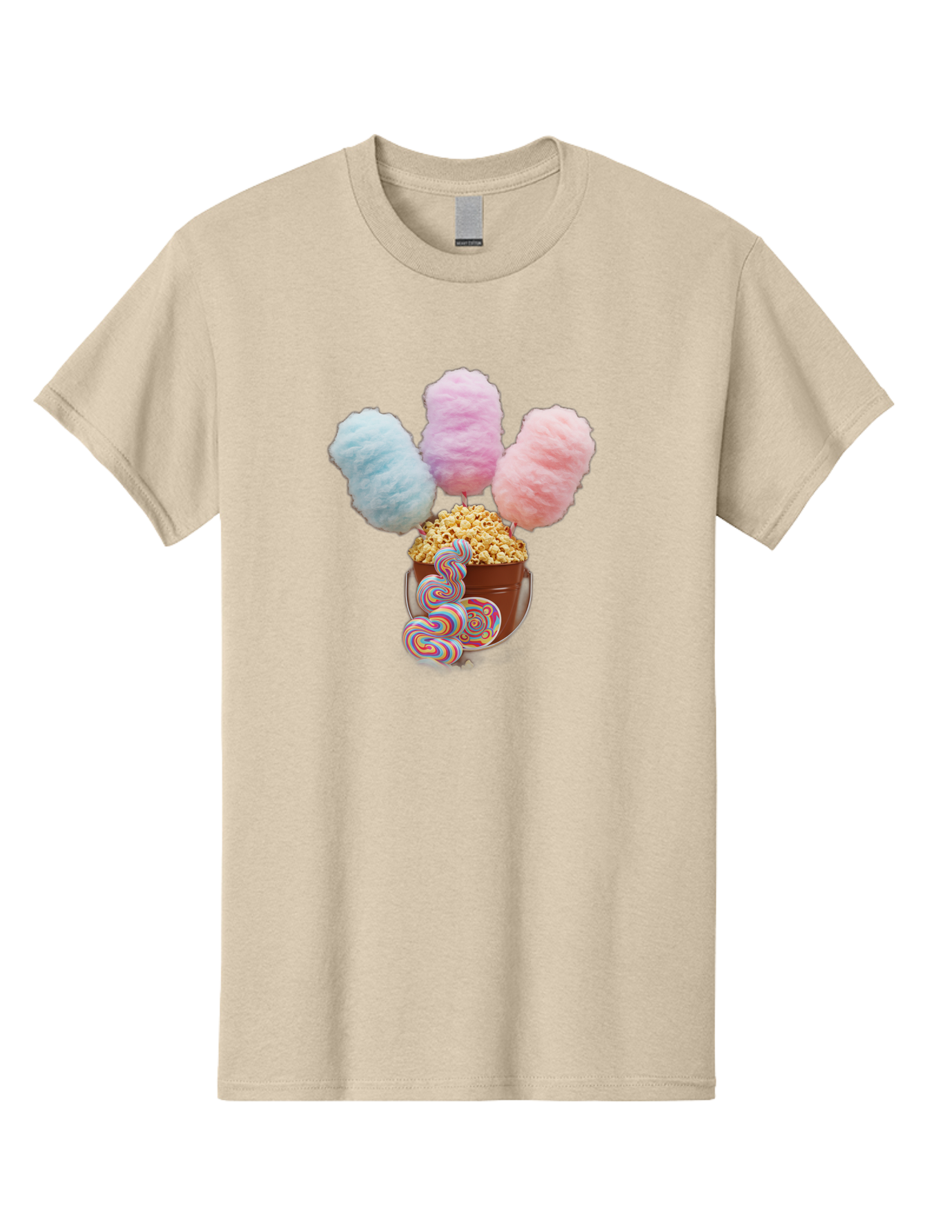 Cotton-Candy-And-Popcorn-1 Men'S Graphic Tee, 100% Cotton, Comfortable Casual Summer Wear, Machine Washable, Colorful Sweets, Sweet Treats, Cotton Candy, Popcorn, Rainbow Lollipops, Swirly Lollipops, Caramel Popcorn, Multi-Colored Candy, Bac918